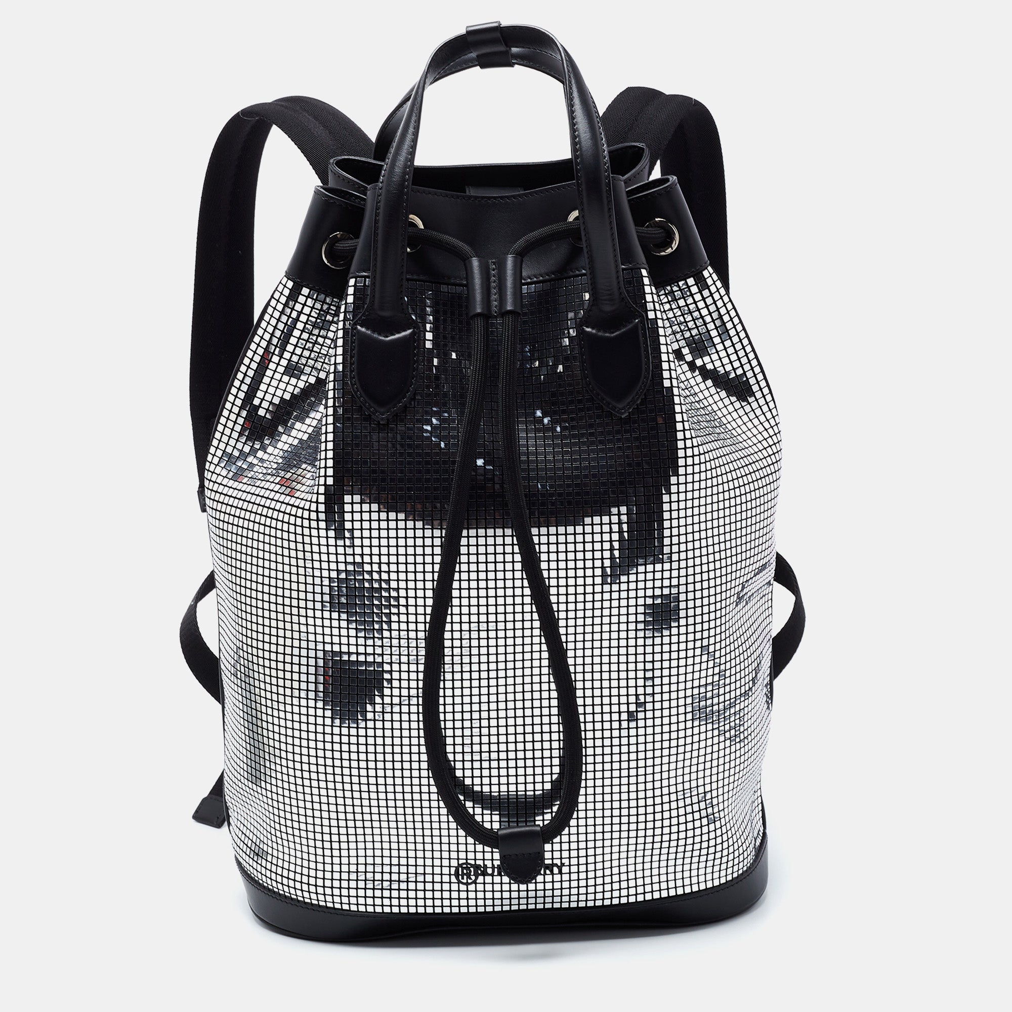 Burberry Black/Silver Leather and Suede Mirror Drawstring Backpack