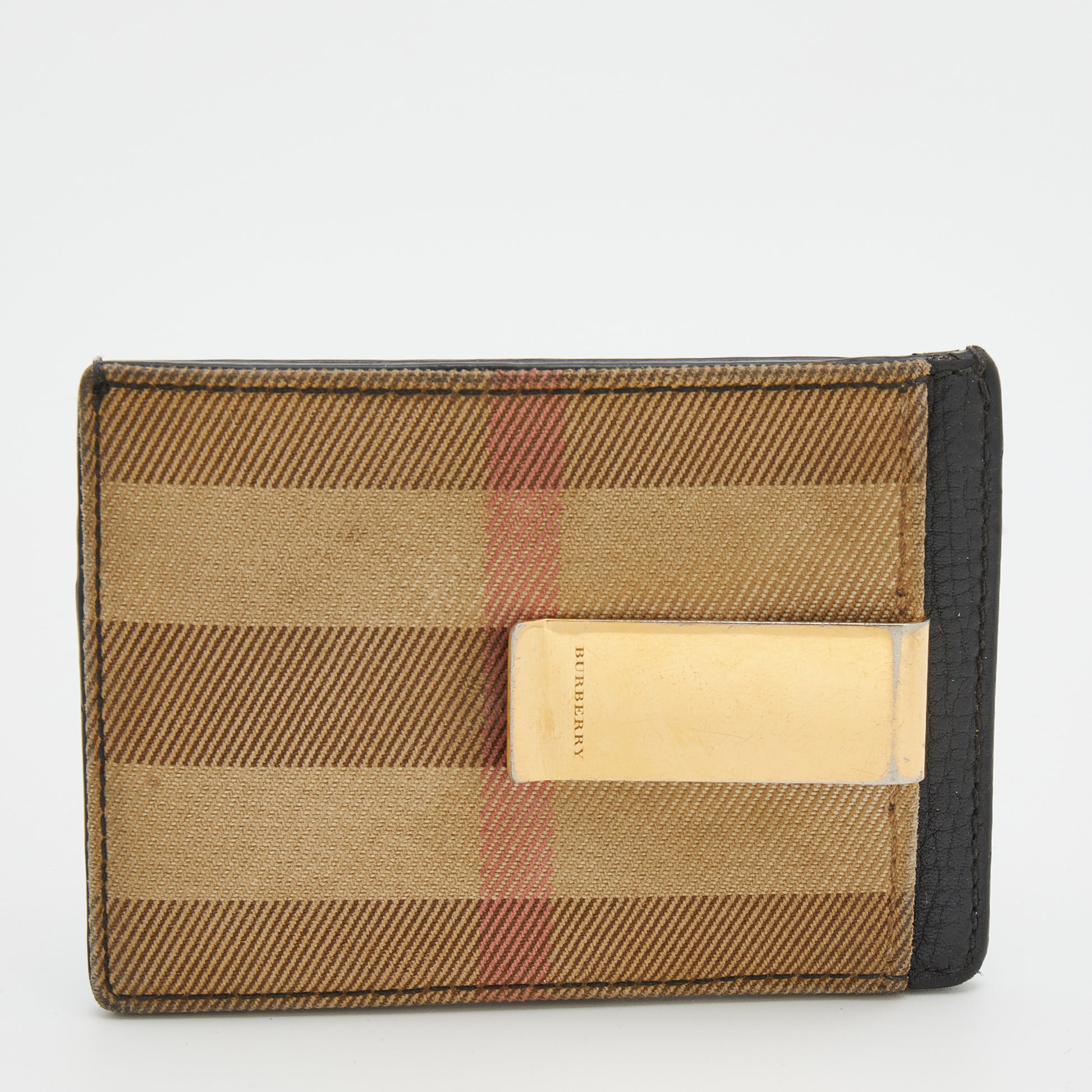 Burberry Black/Beige Leather And Vintage Canvas Check Money Clip Wallet