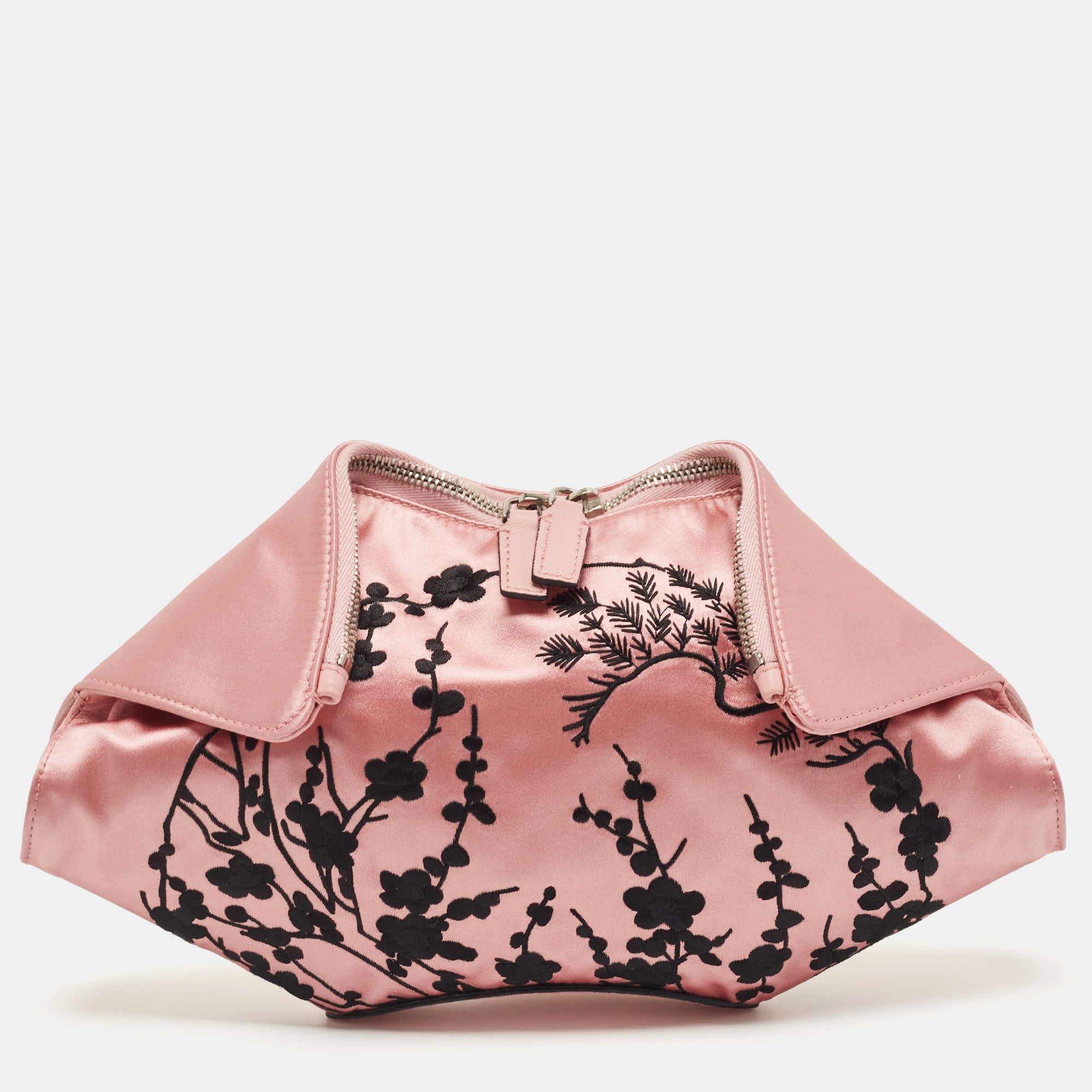 Pink/Black Embroidered Satin And Leather De Manta Clutch