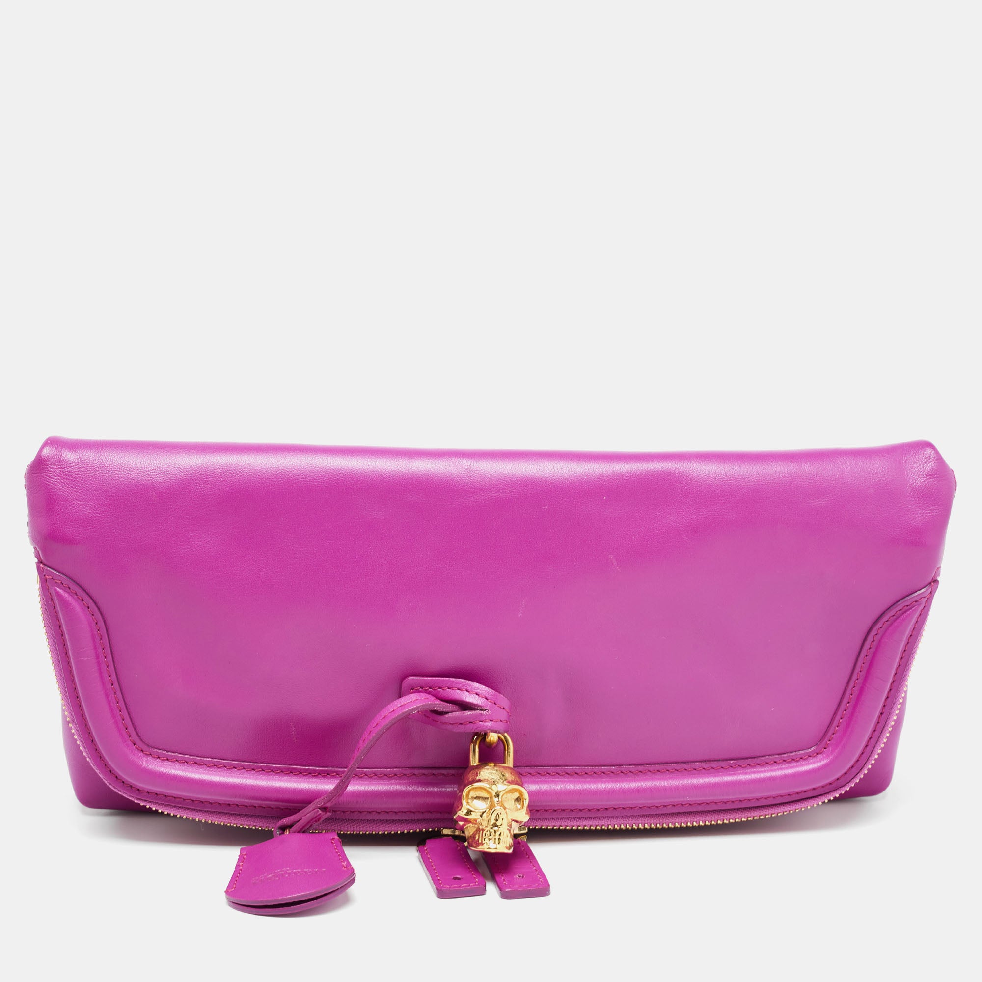 Fucshia Leather Skull Padlock Fold Over Clutch