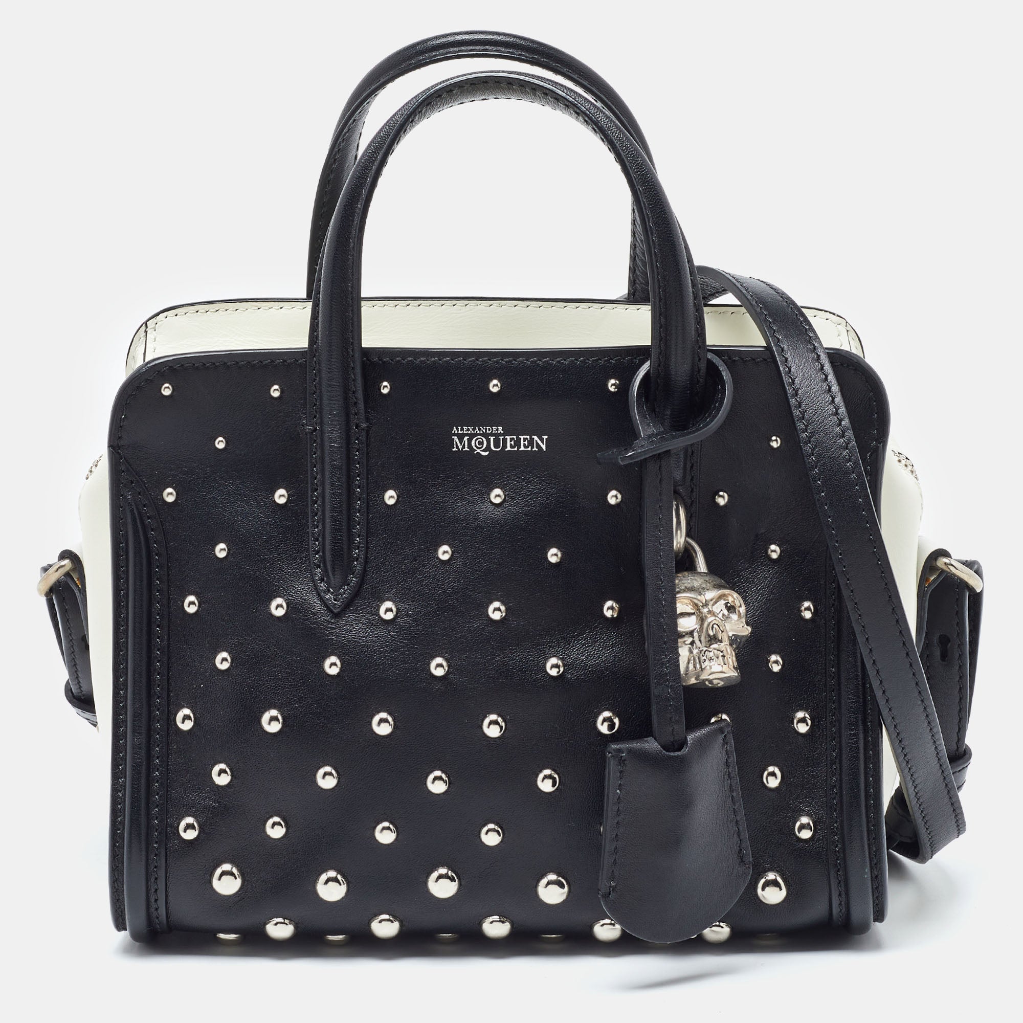 Black/ Studded Leather Mini Skull Padlock Zip Tote