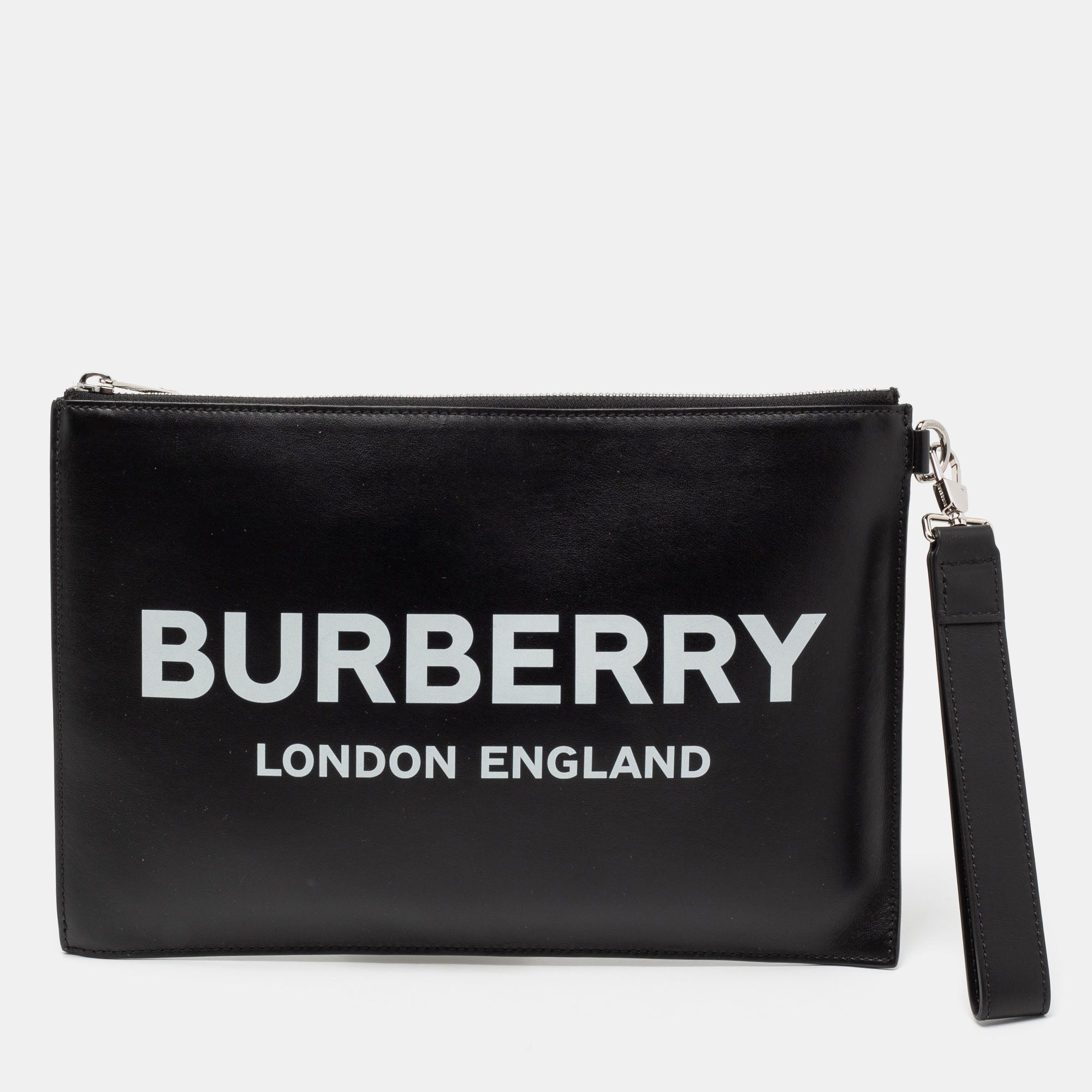 Burberry Black Leather Logo Print Edin Wristlet Pouch