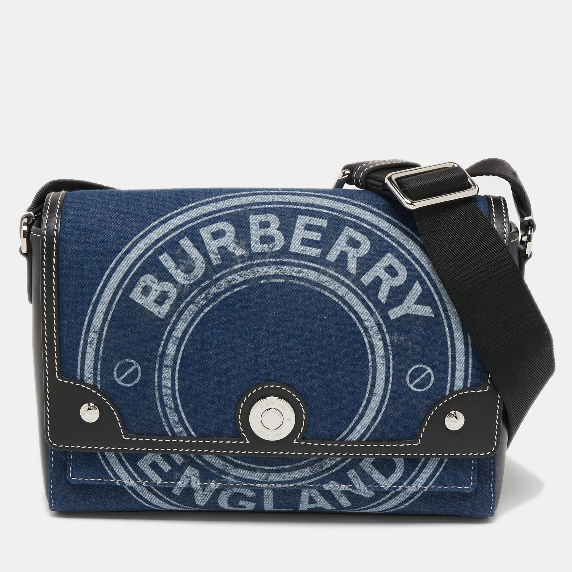 Burberry Blue/Black Denim And Leather Medium Note Logo Print Crossbody