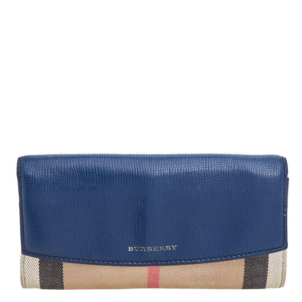 Burberry Navy Blue/Beige Leather and Nova Check Canvas Continental Wal