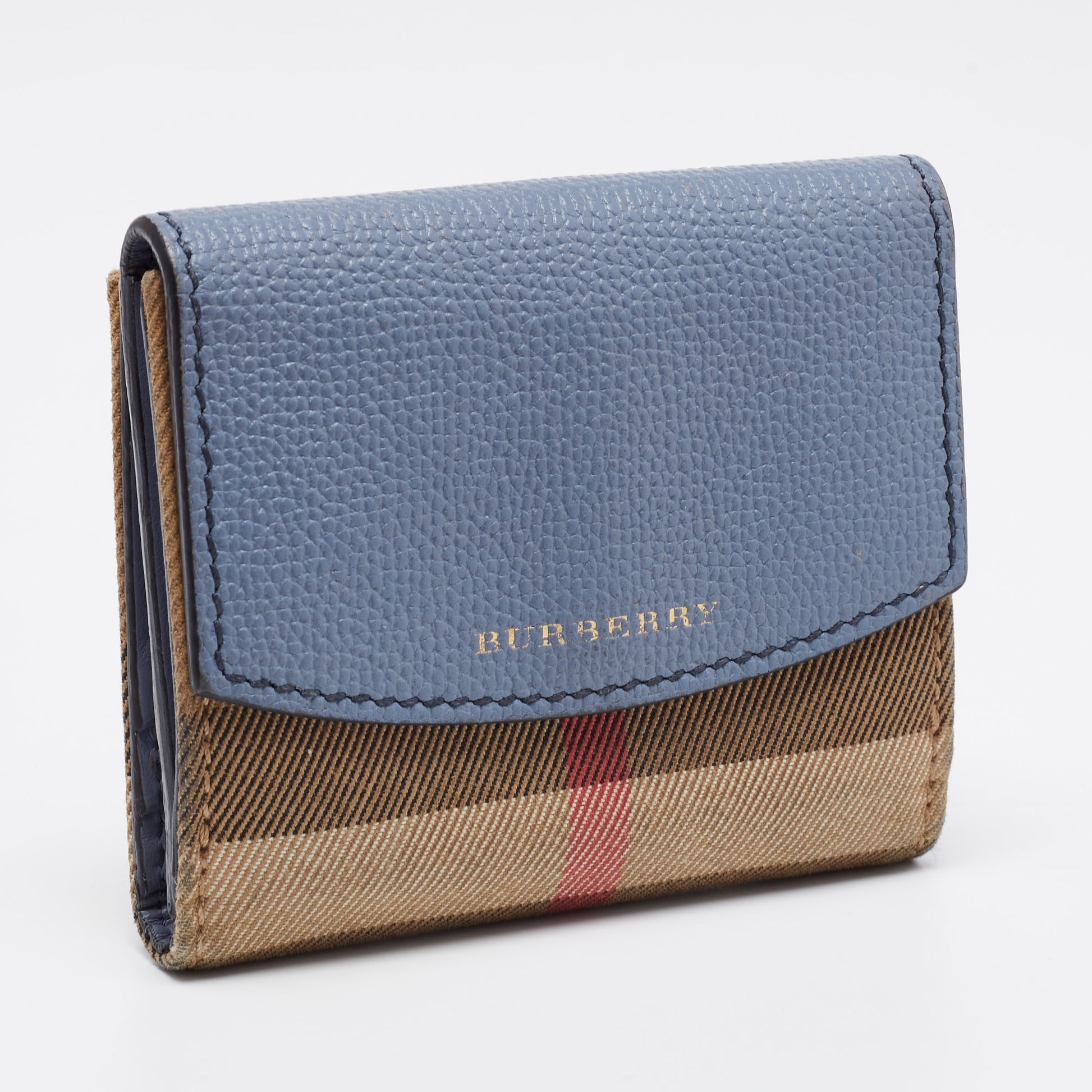 Burberry Beige/Blue House Check Canvas and Leather Flap Compact Wallet