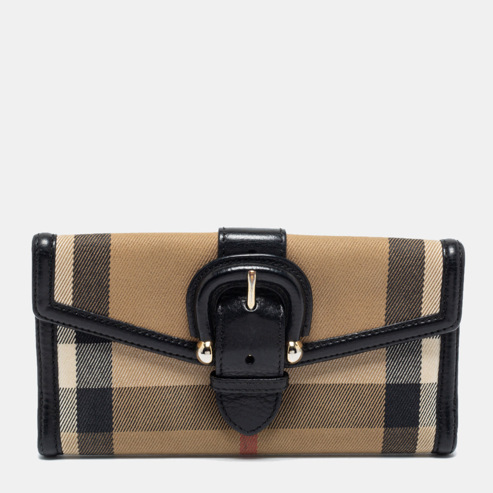 Burberry Black/Beige House Check Canvas and Leather Buckle Flap Contin