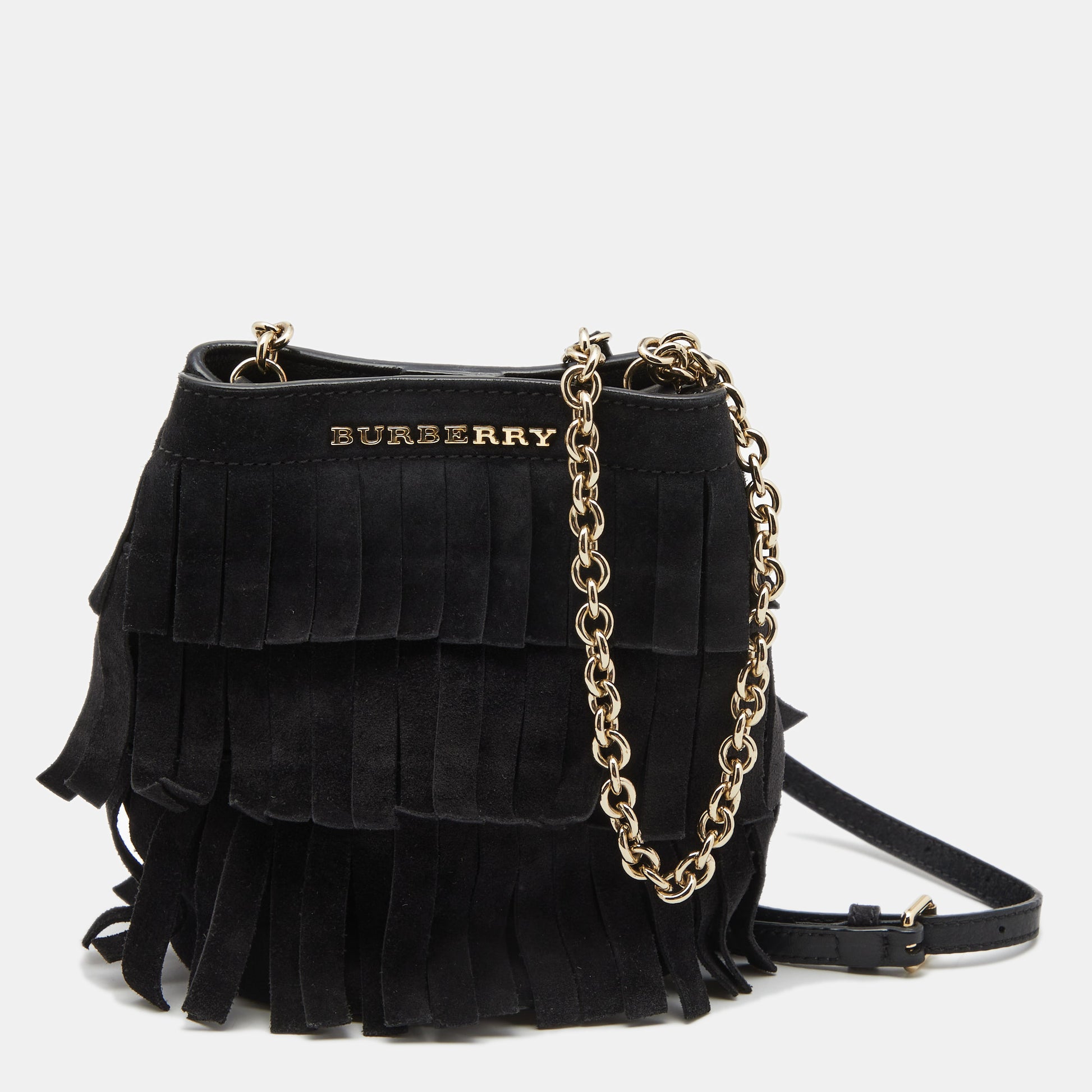 Burberry Black Suede Mini Fringe Bucket Bag