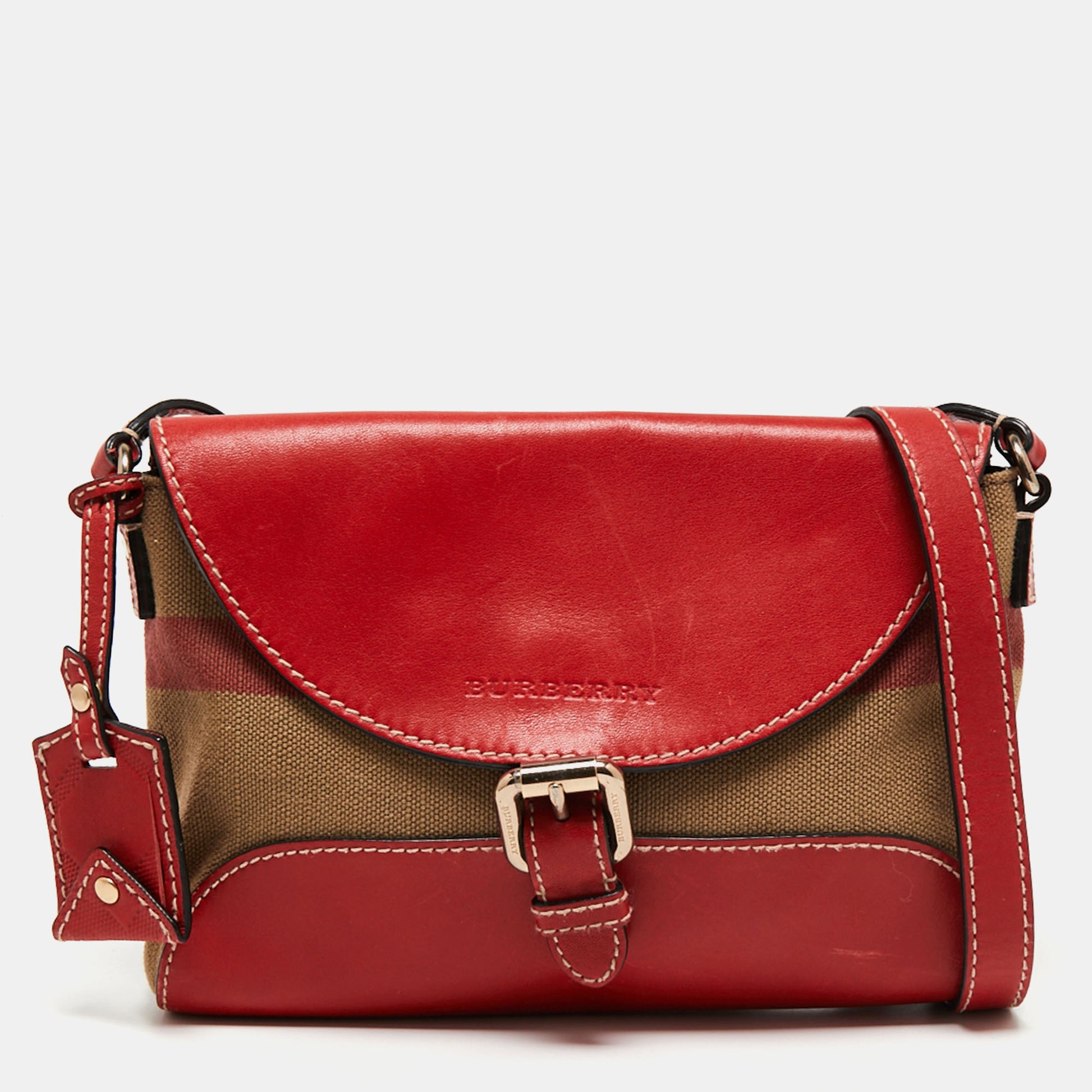 Burberry Red Leather and House Check Canvas Small Henhem Crossbody Bag