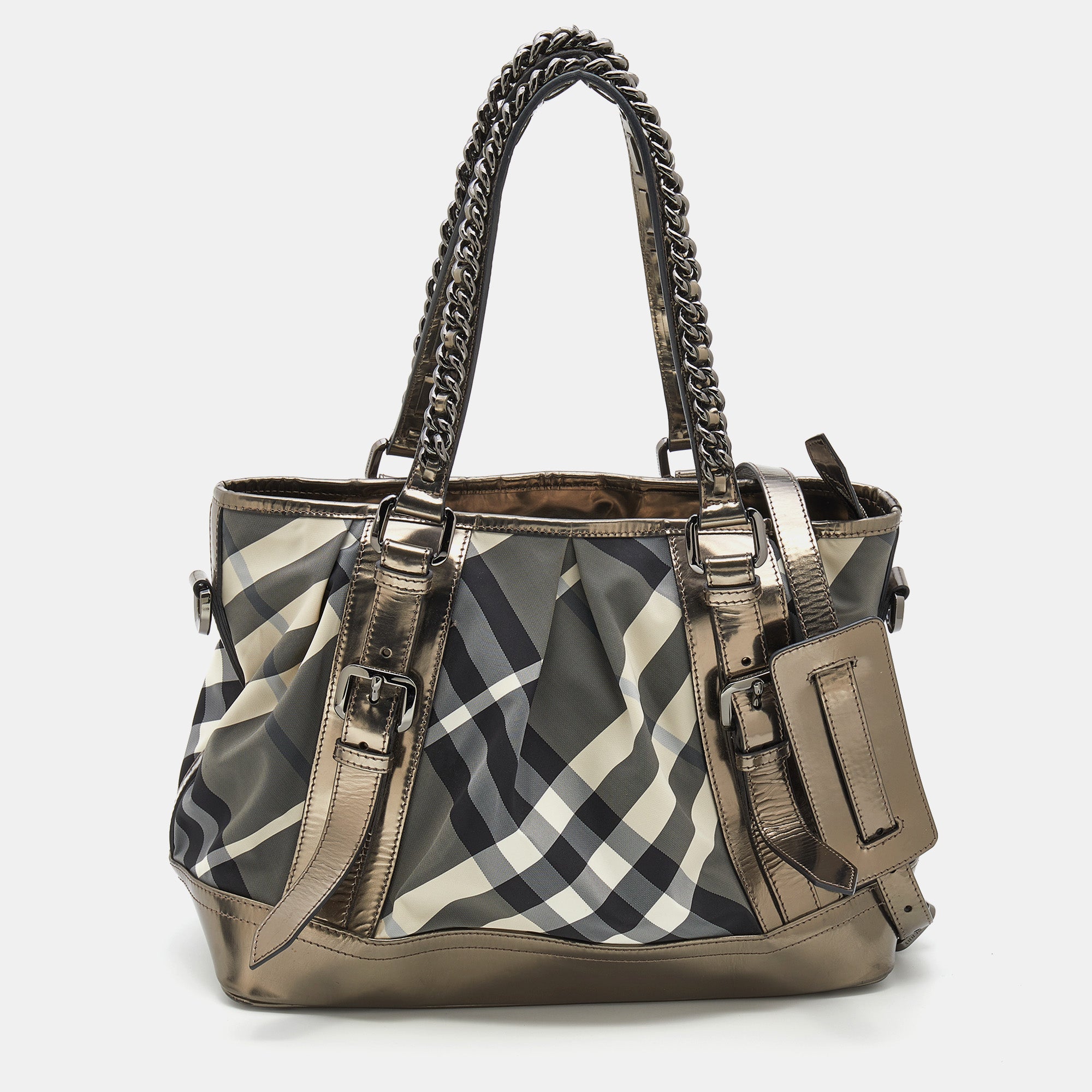 Burberry Grey/Metallic Beat Check Nylon and Patent Leather Medium Lowr