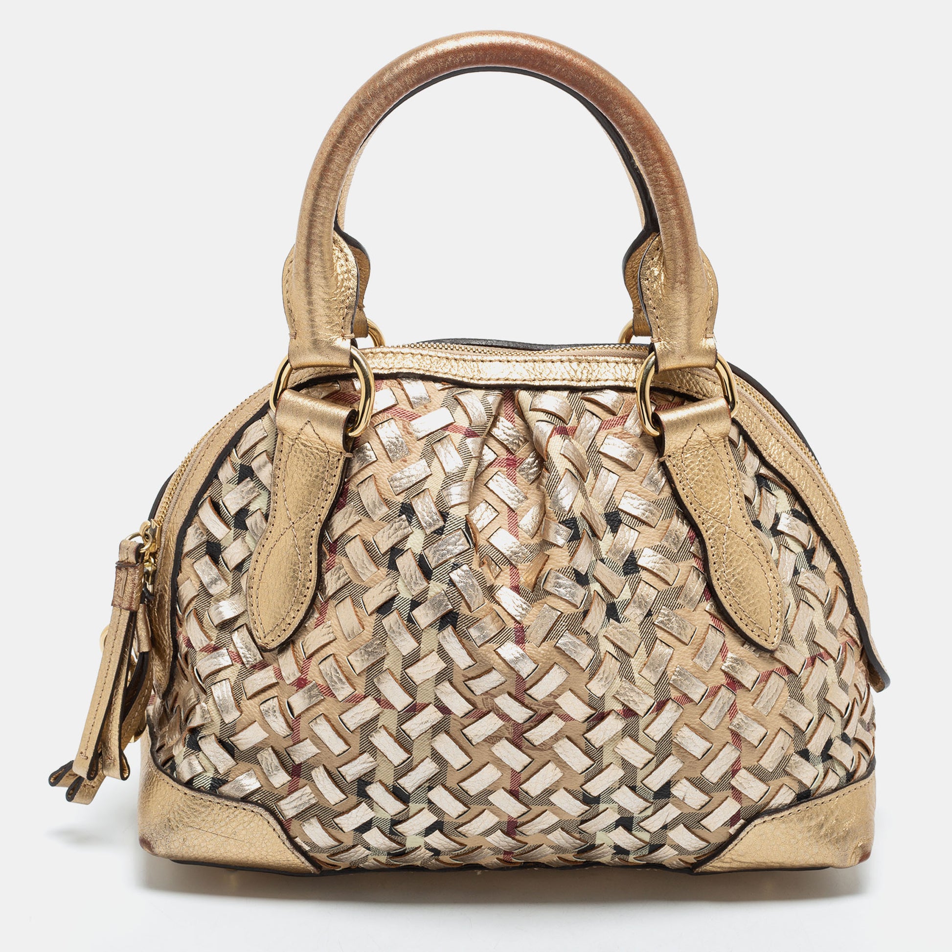 Burberry Metallic Gold Woven Haymarket check PVC and Leather Small Tho