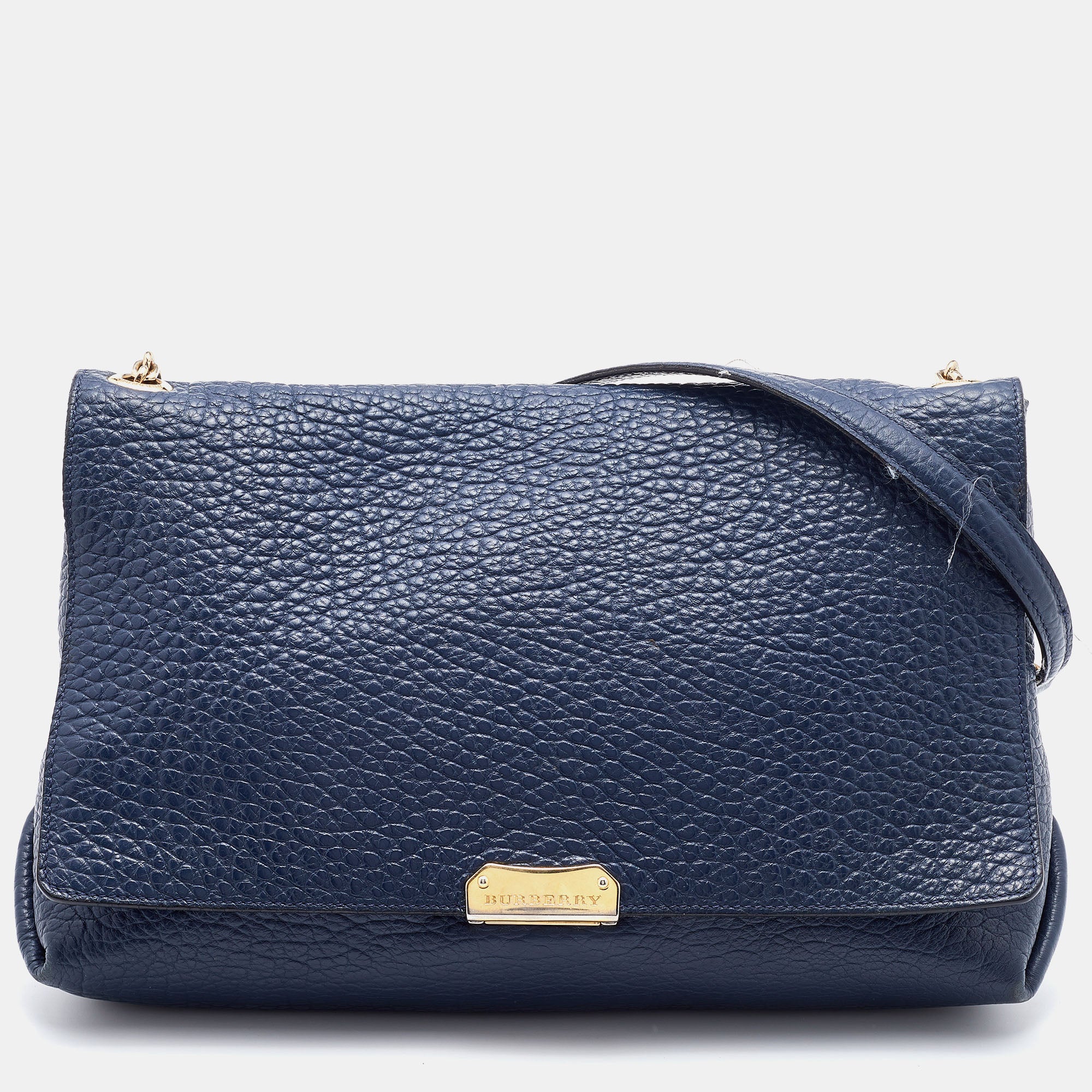 Burberry Navy Blue Leather Large Mildenhall Flap Shoulder Bag