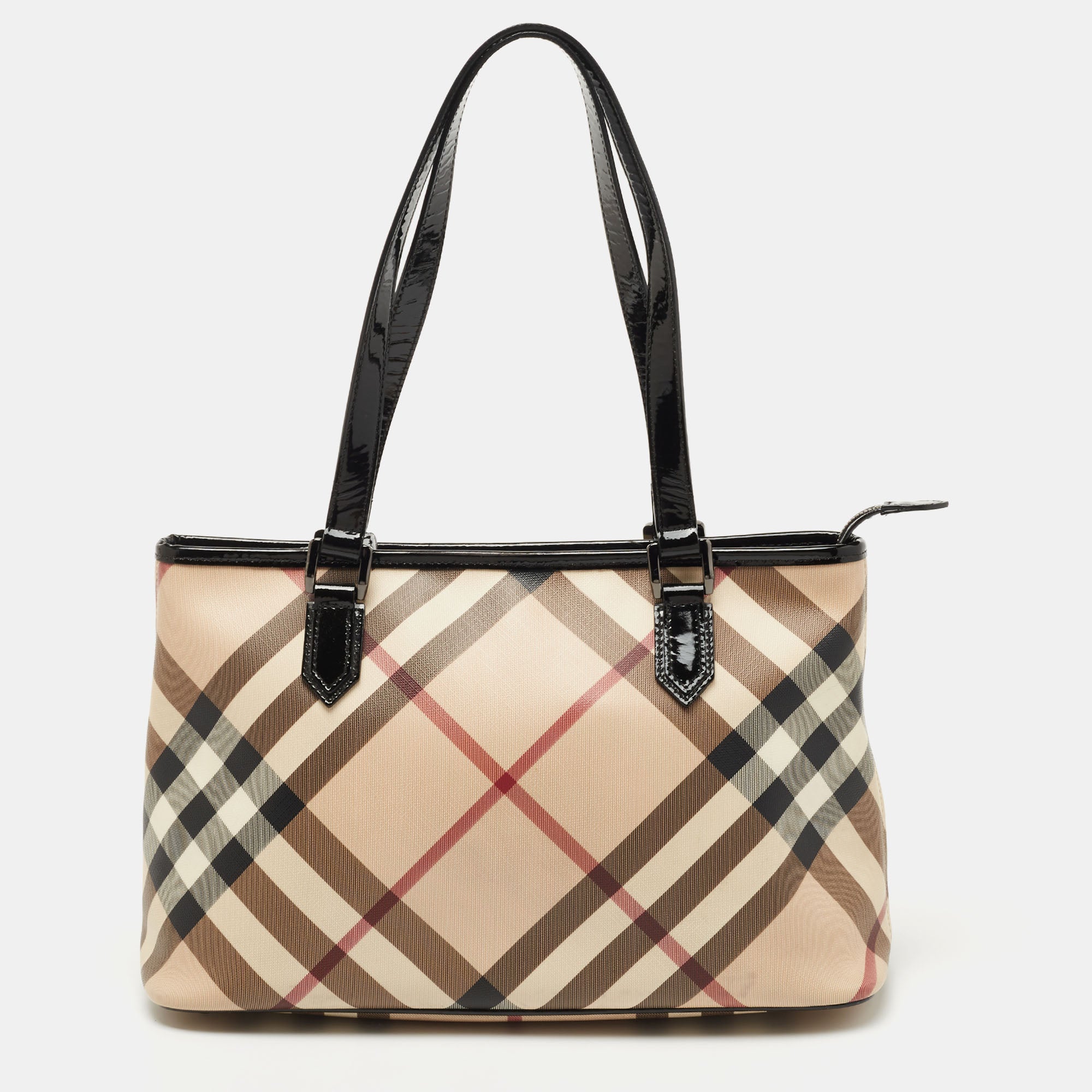 Burberry Black/Beige Nova Check Coated Canvas and Patent Leather Top Z