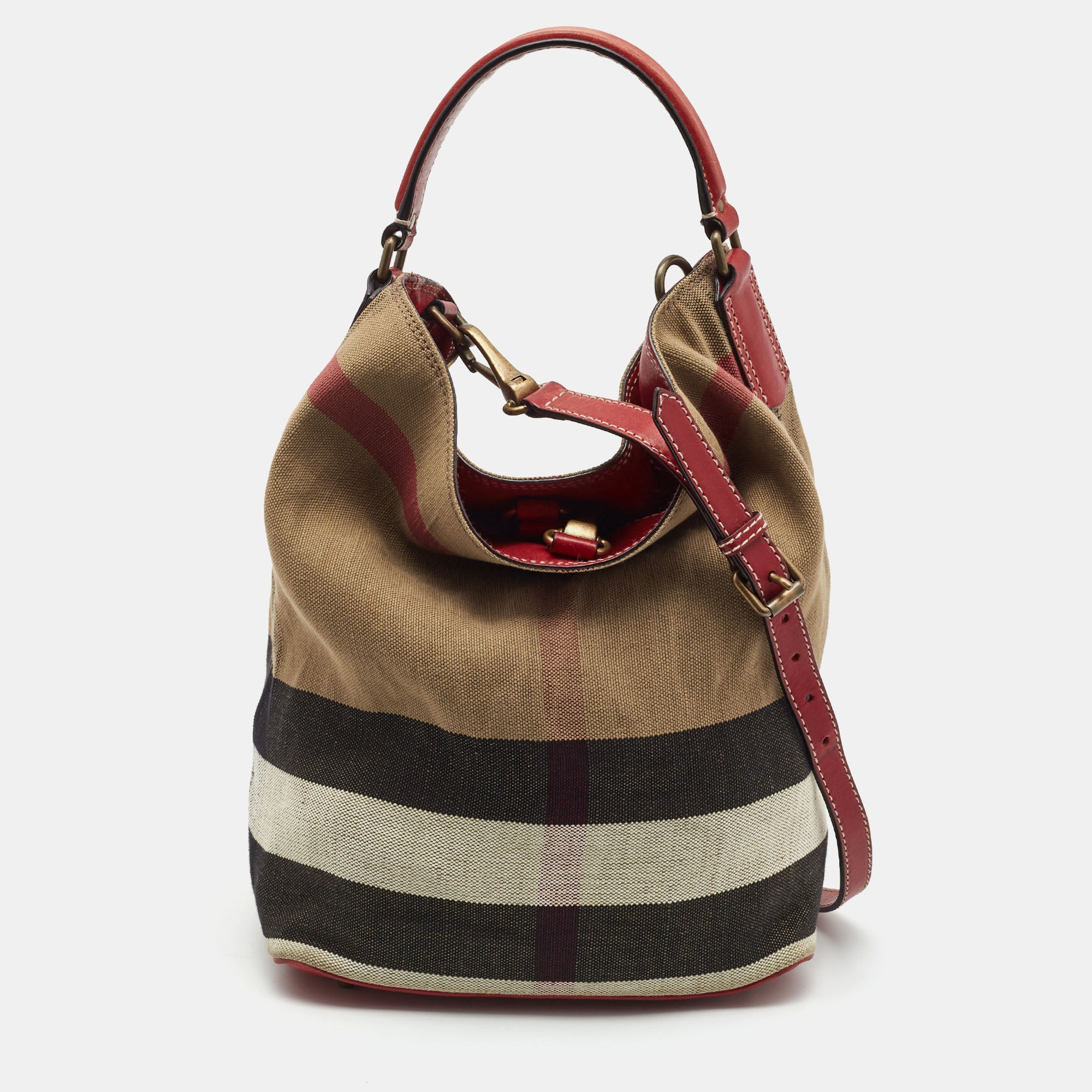 Burberry Red/Beige House Check Canvas and Leather Ashby Bucket Bag