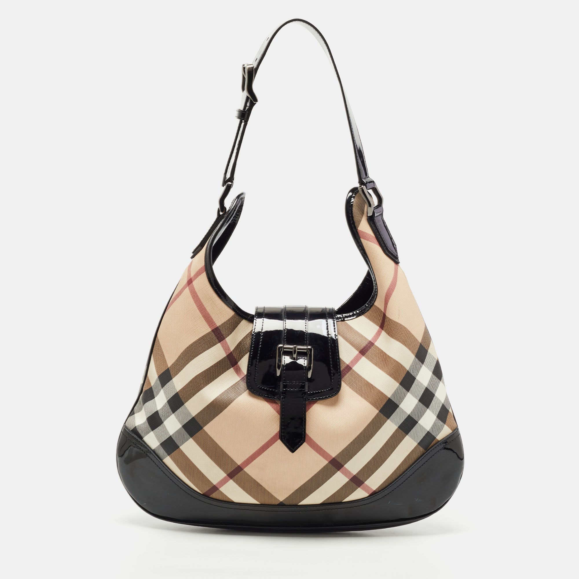 Burberry Black/Beige Nova Check PVC and Patent Leather Brooke Hobo