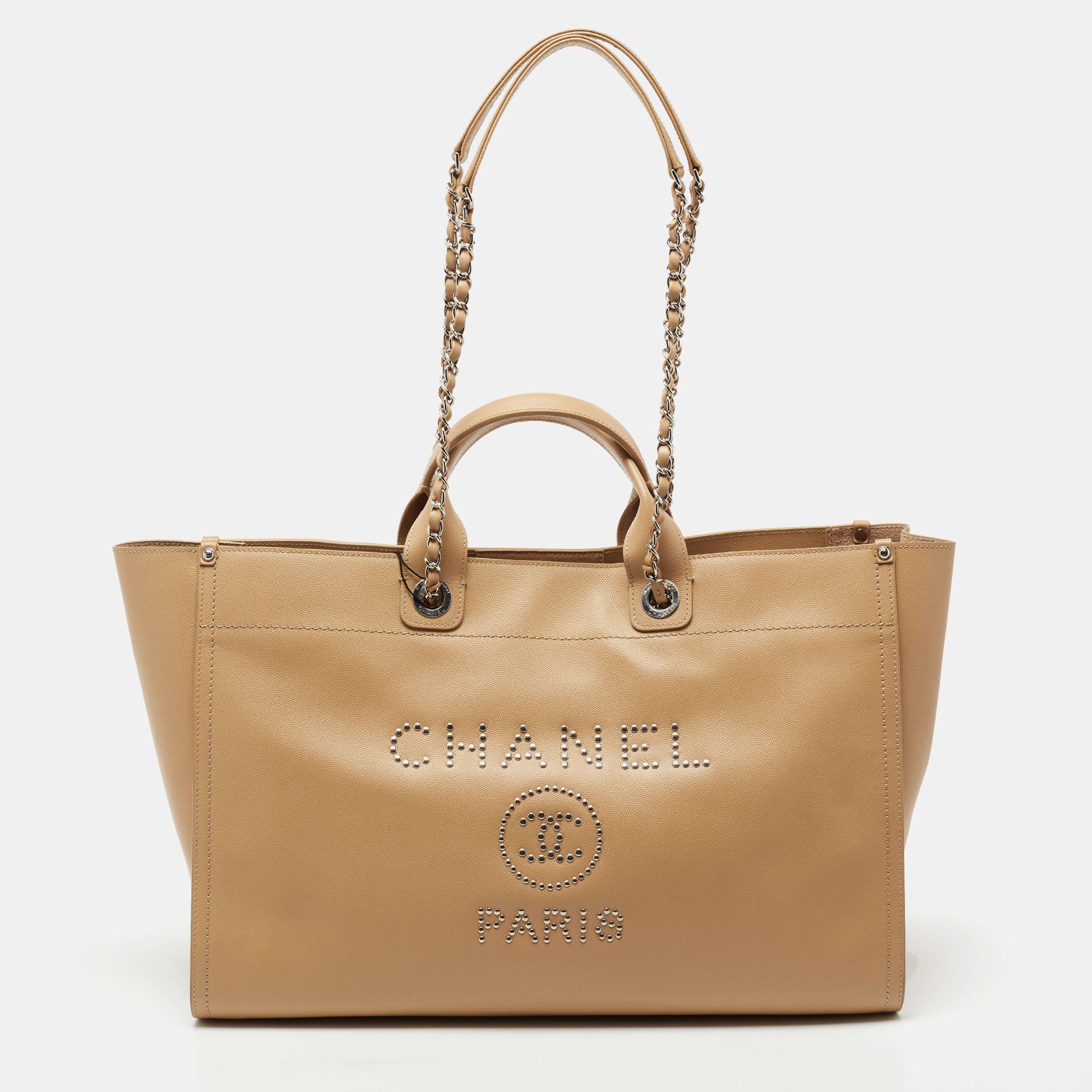 Chanel Beige Leather Large Studded Deauville Tote