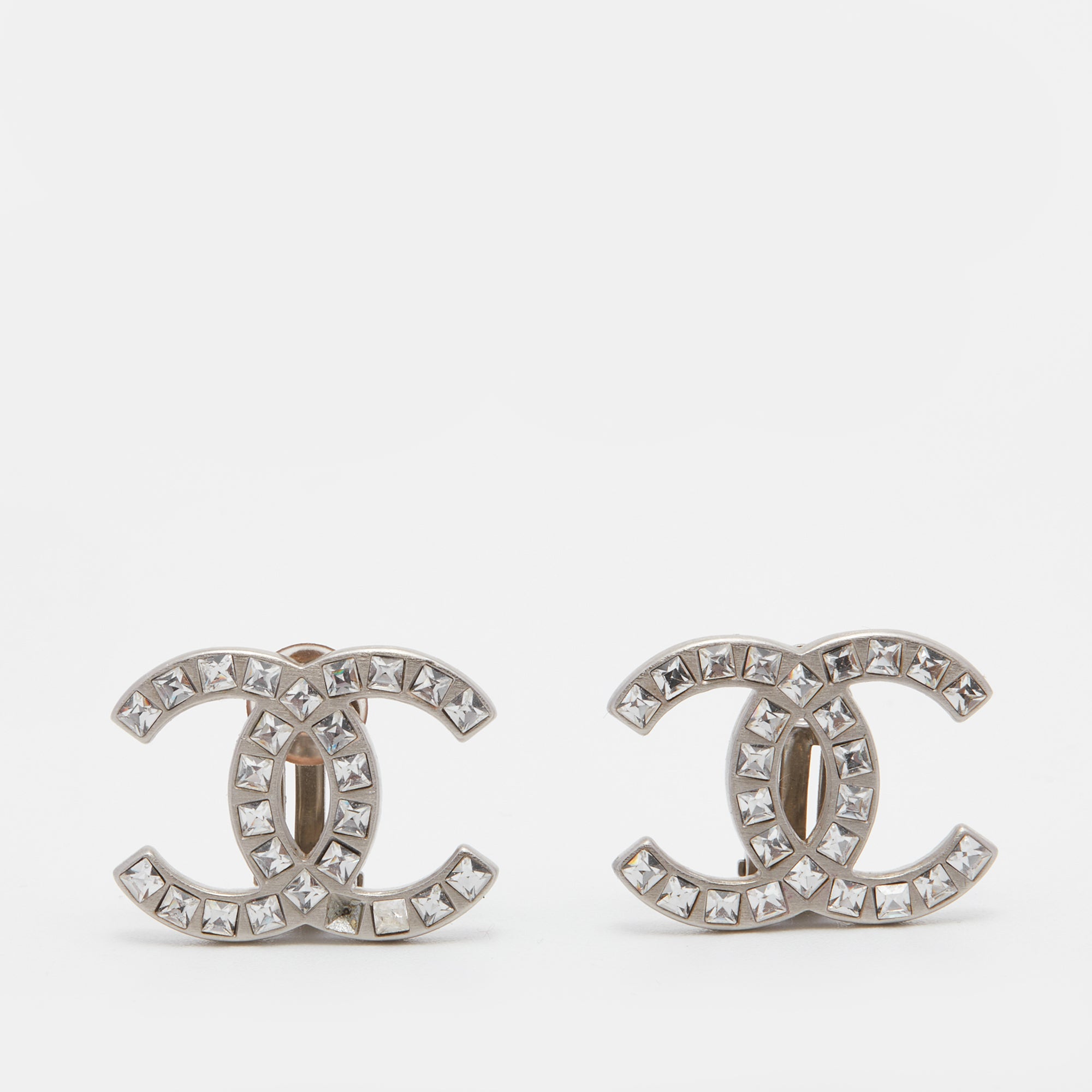 CHANEL Baguette Crystal CC Drop Earrings Silver 292226