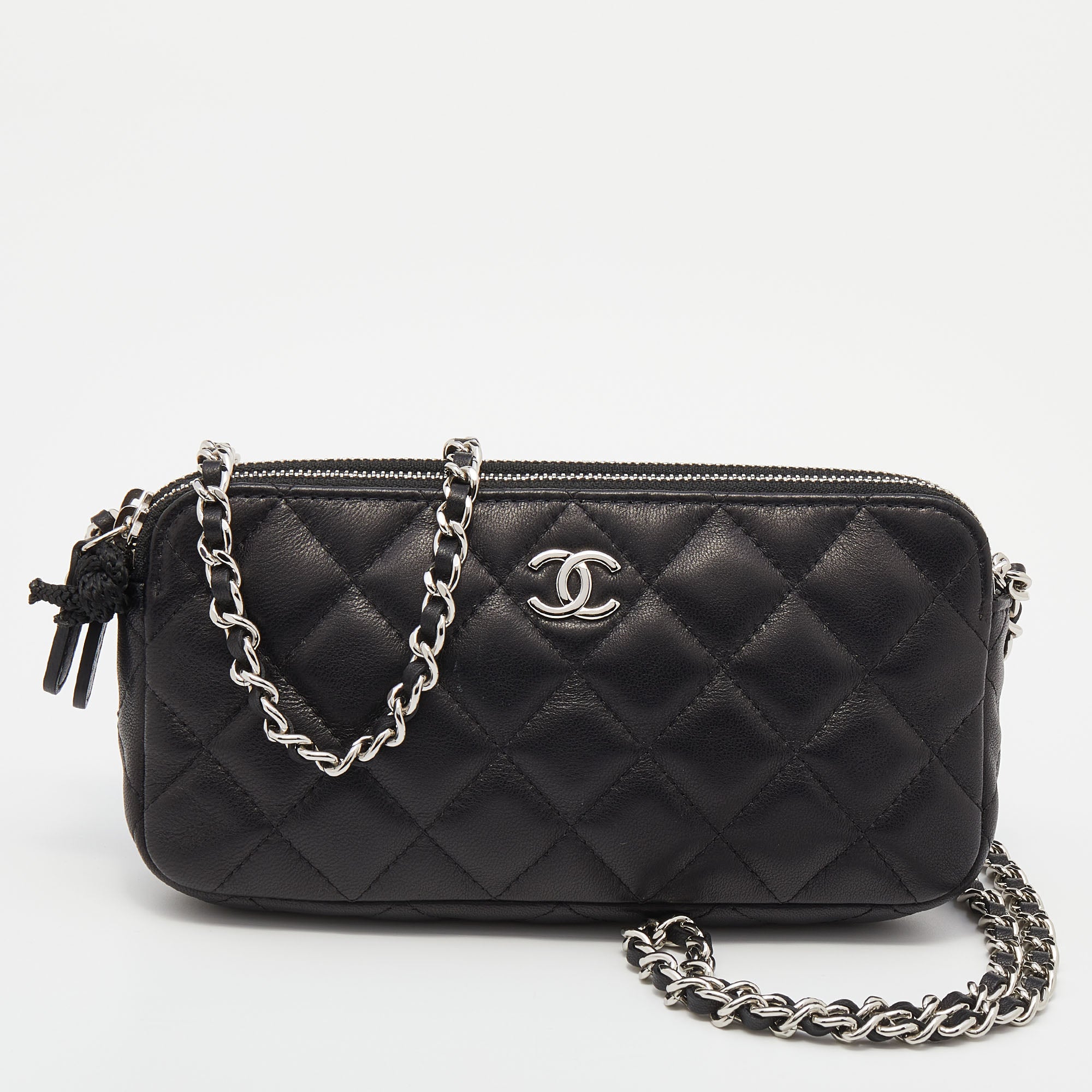 Chanel Black Quilted Leather CC Double Zip Clutch Chain Bag