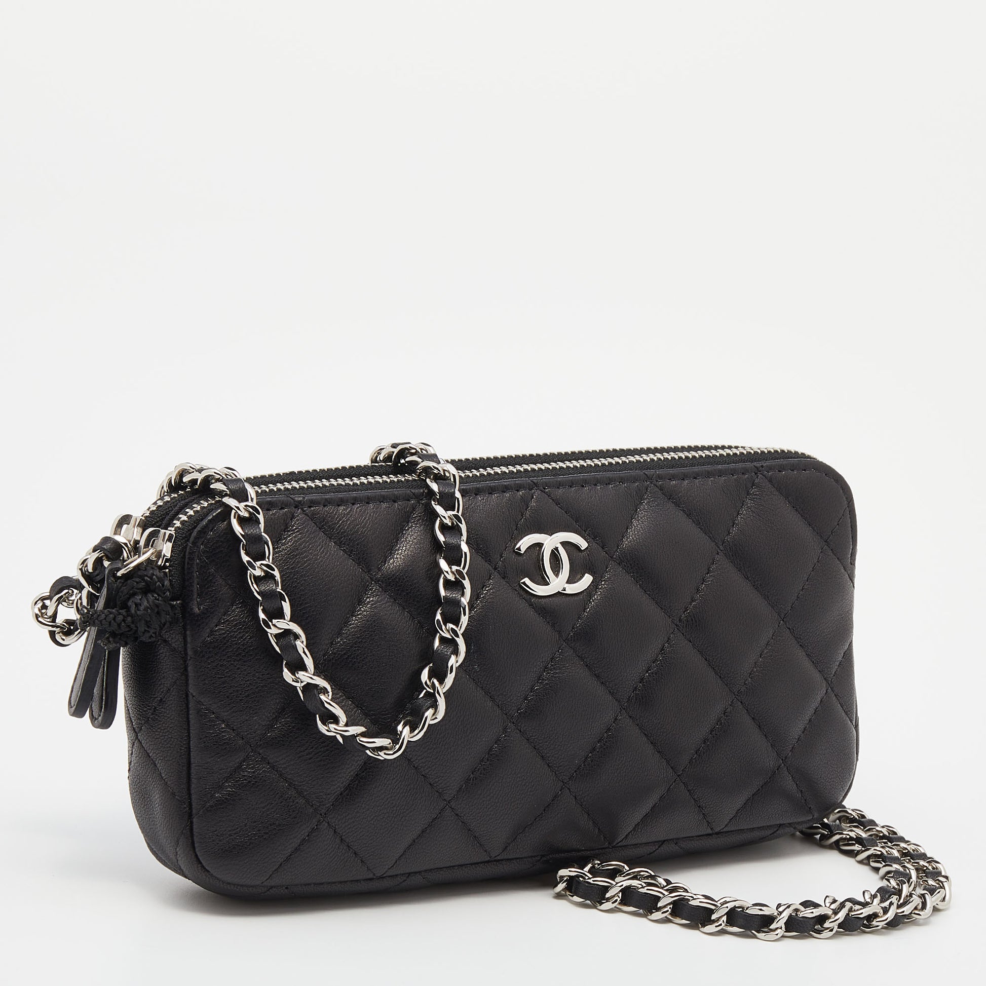 Chanel Black Quilted Leather CC Double Zip Clutch Chain Bag