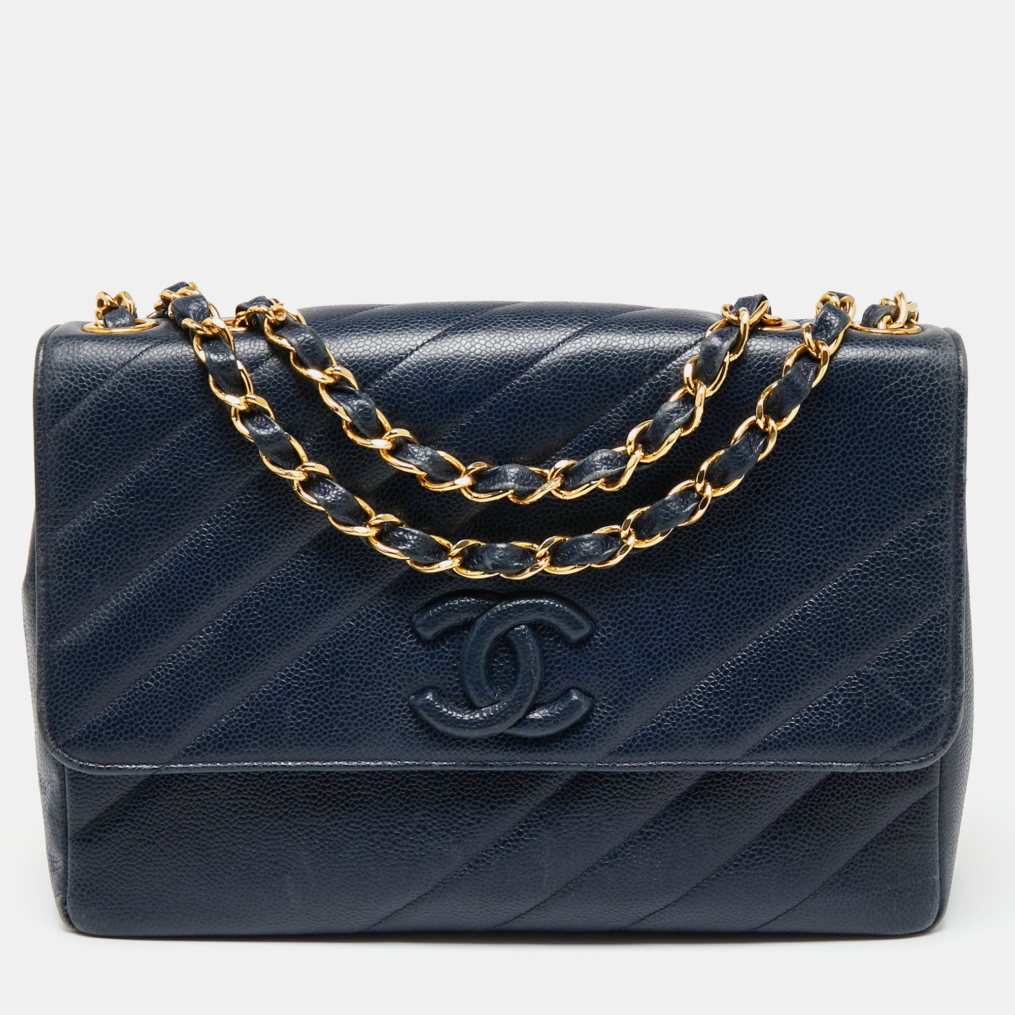 Chanel Navy Blue Diagonal Quilt Caviar Leather Vintage Jumbo Classic F