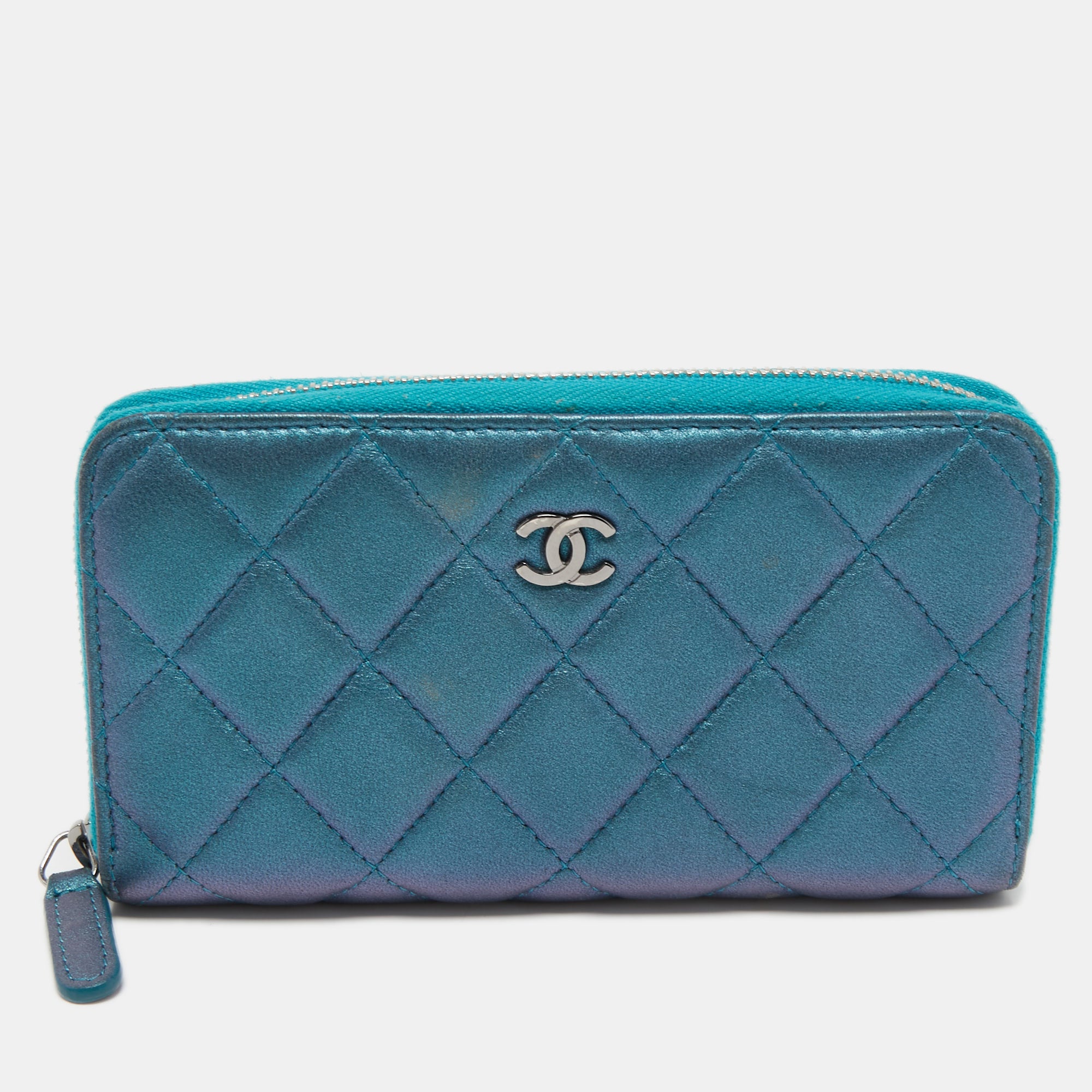 image of Chanel Metallic Blue Quilted Leather Classic Zip Wallet, Blue