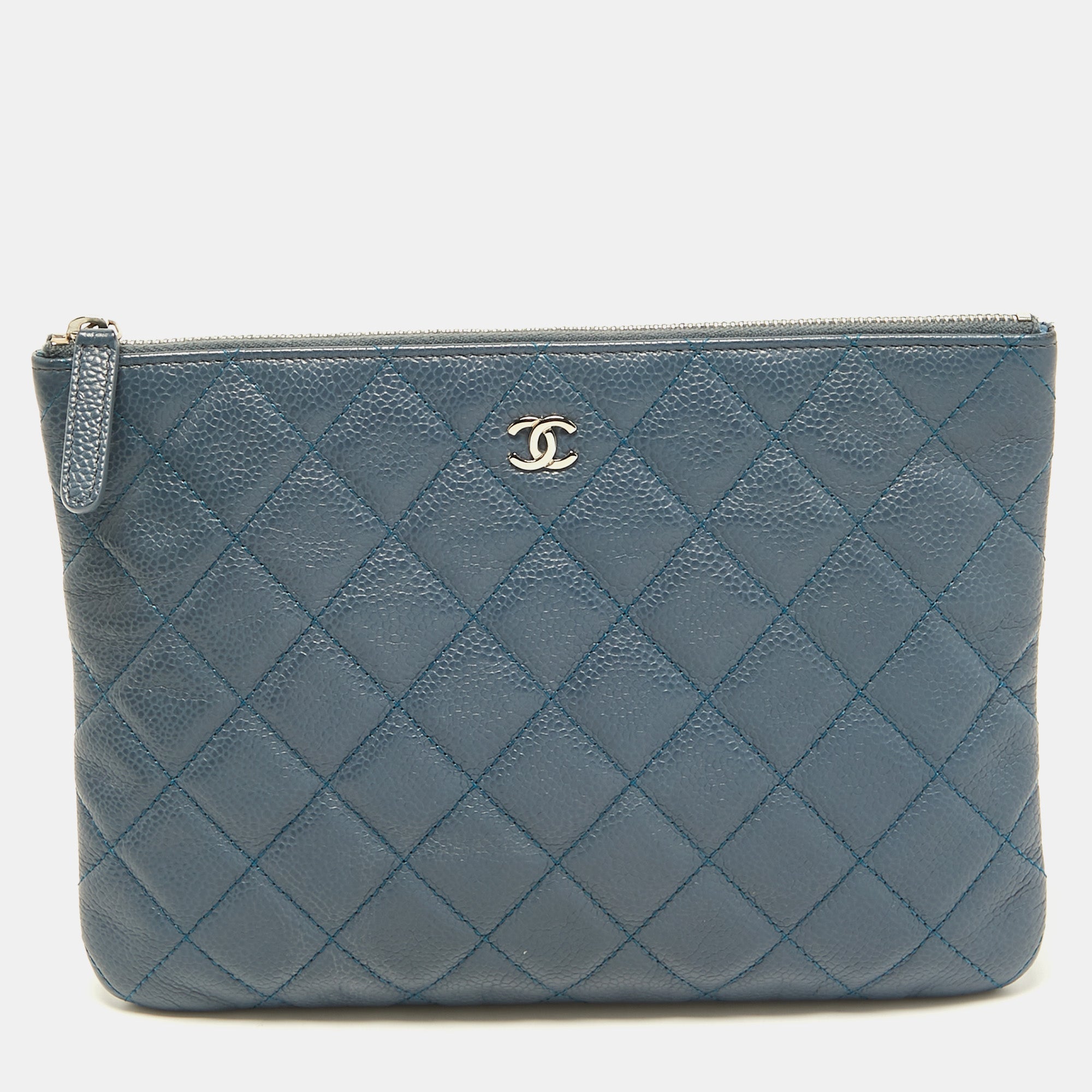 Chanel Blue Quilted Caviar Leather Classic Zip Pouch