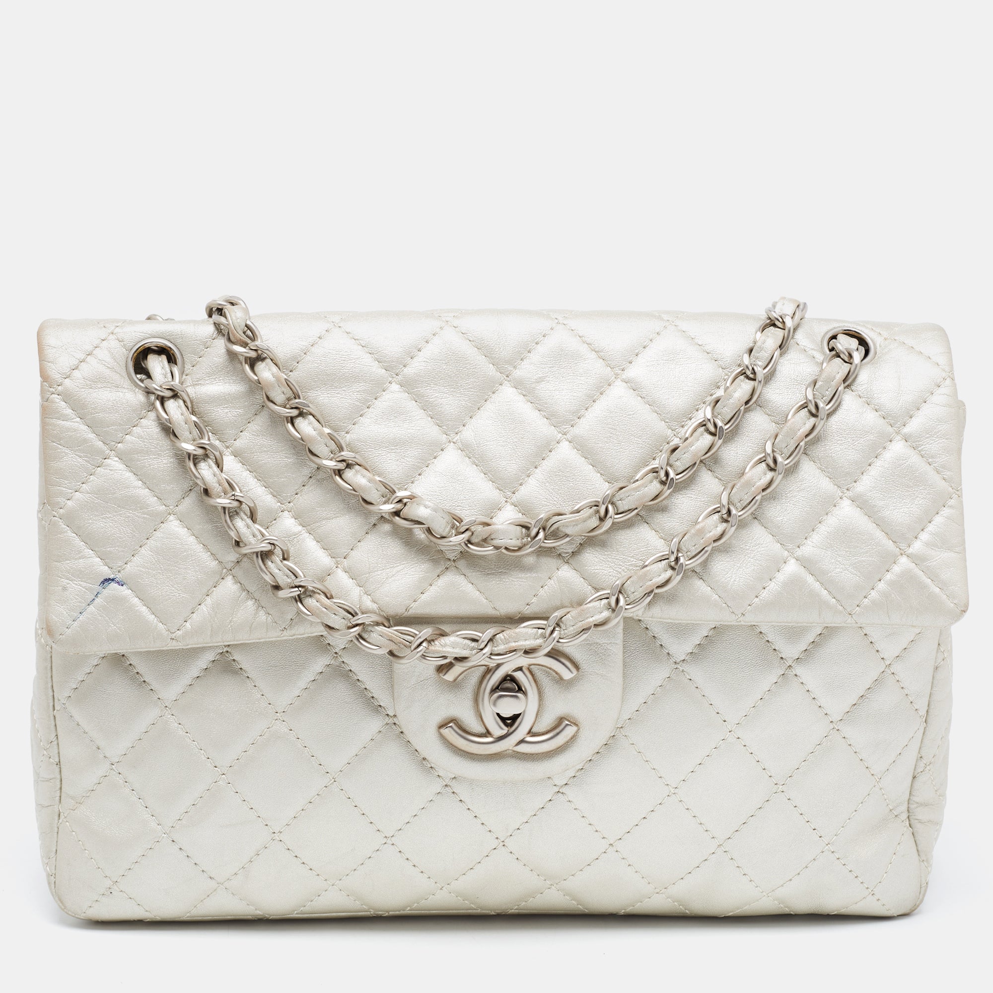 image of CHANEL Metallic Grey Quilted Leather Maxi Classic Single Flap Bag