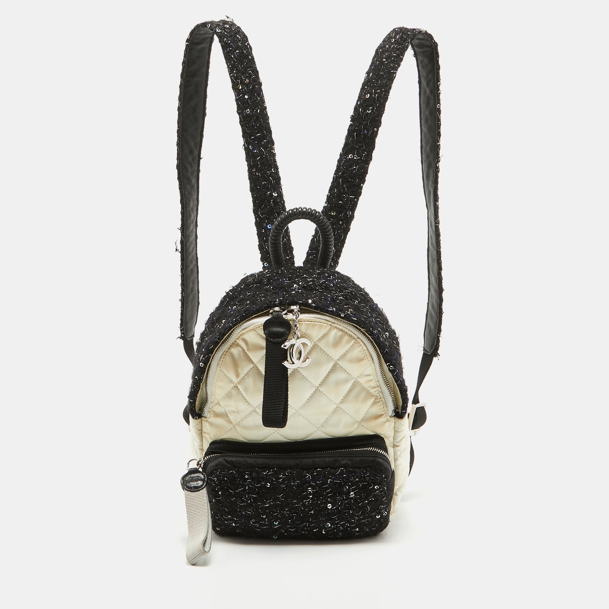 image of CHANEL Black/Off White Quilted Satin and Tweed Sequins Mini Backpack