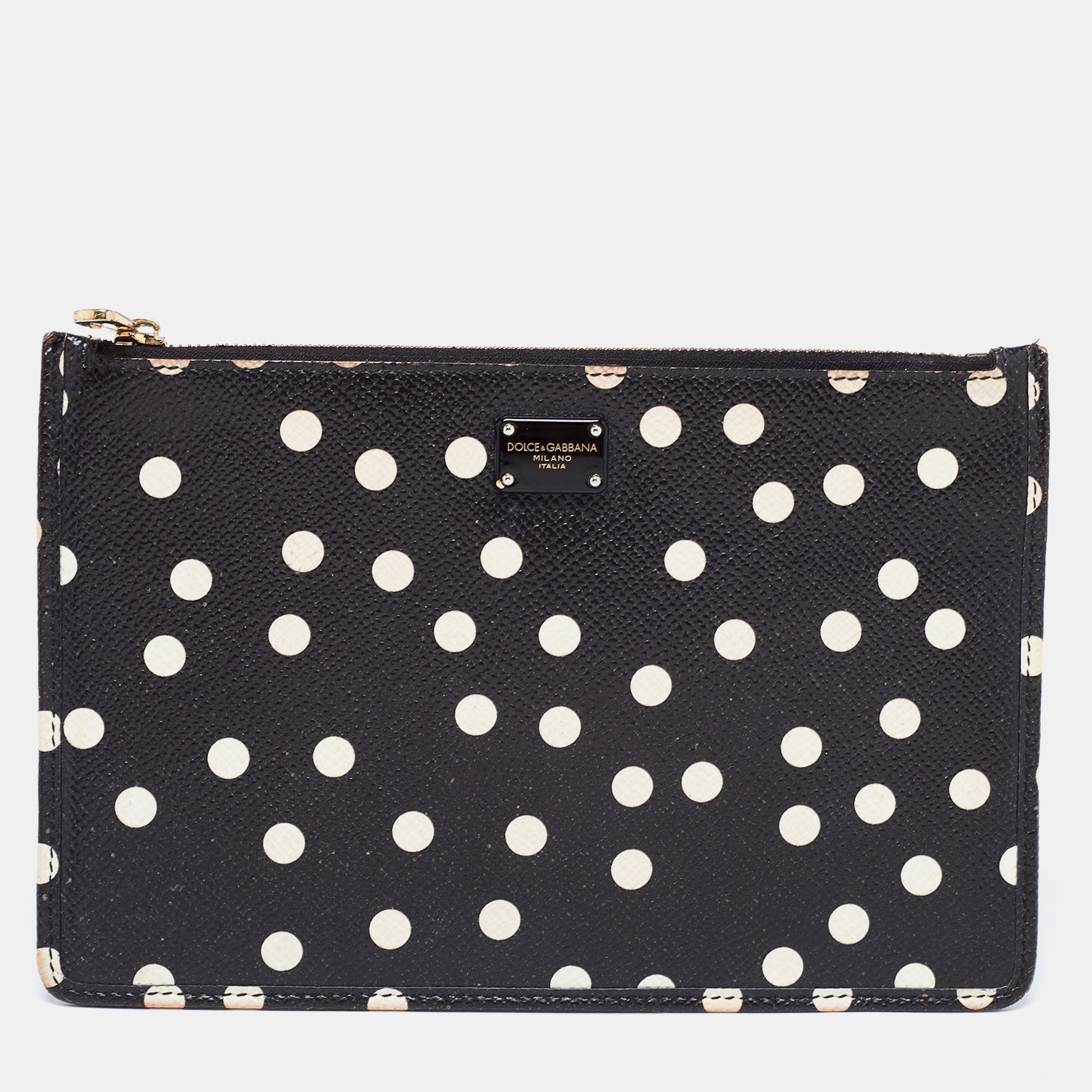 Dolce & Gabbana Black/White Polka Dot Print Leather 10CC Pouch