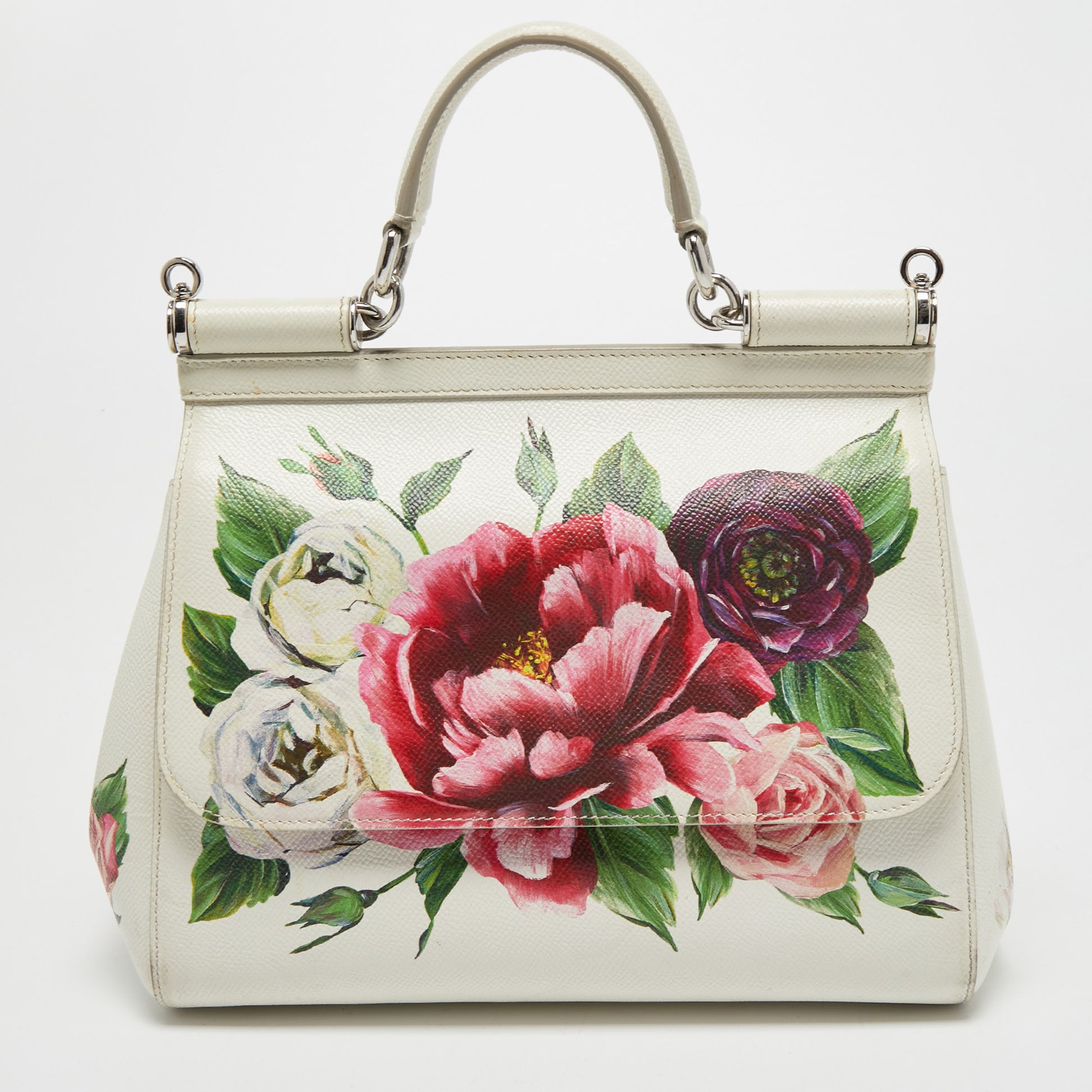 Dolce & Gabbana White Floral Print Leather Medium Miss Sicily Top Handle Bag