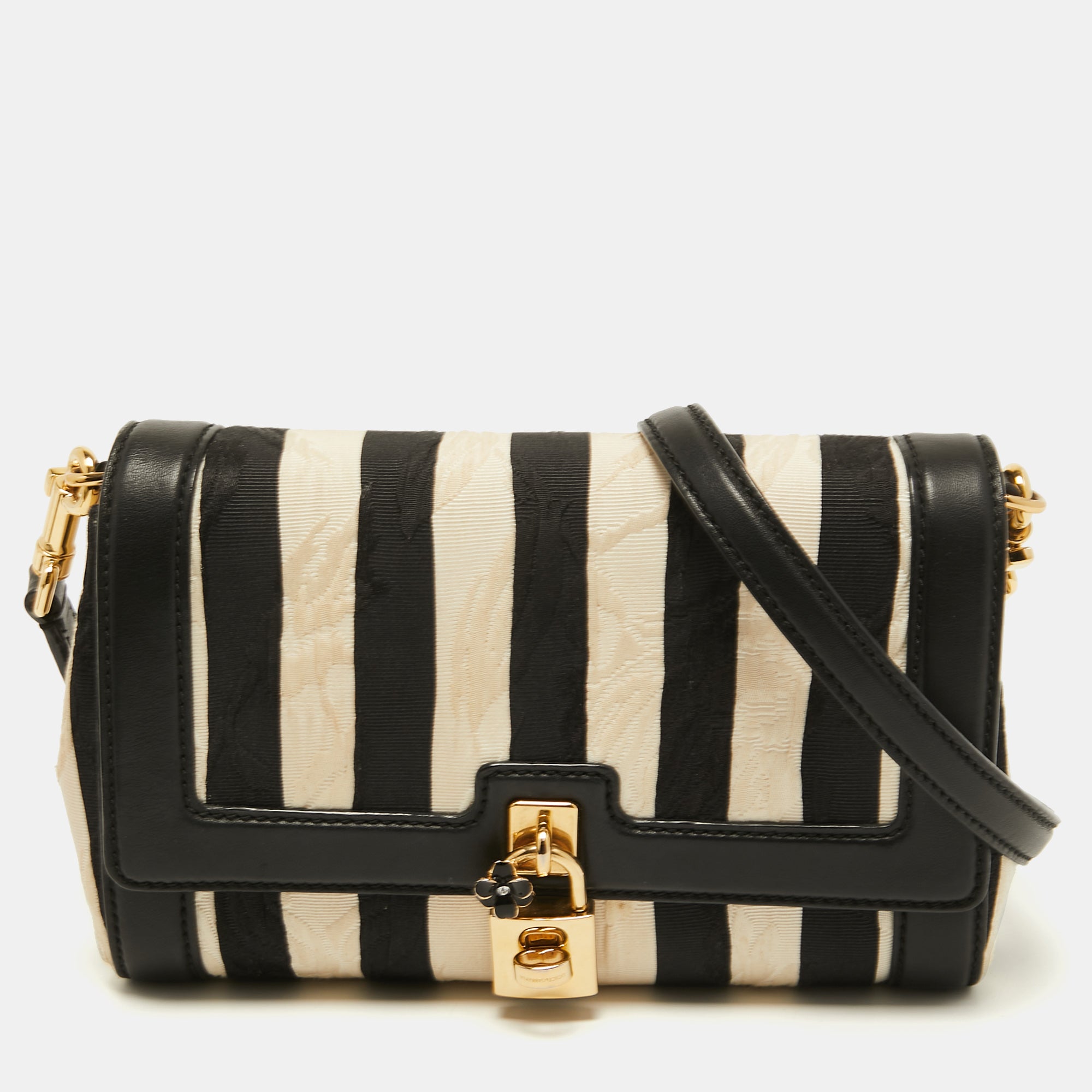 Dolce & Gabbana Black/White Embroidered Stripe Canvas and Leather Padl