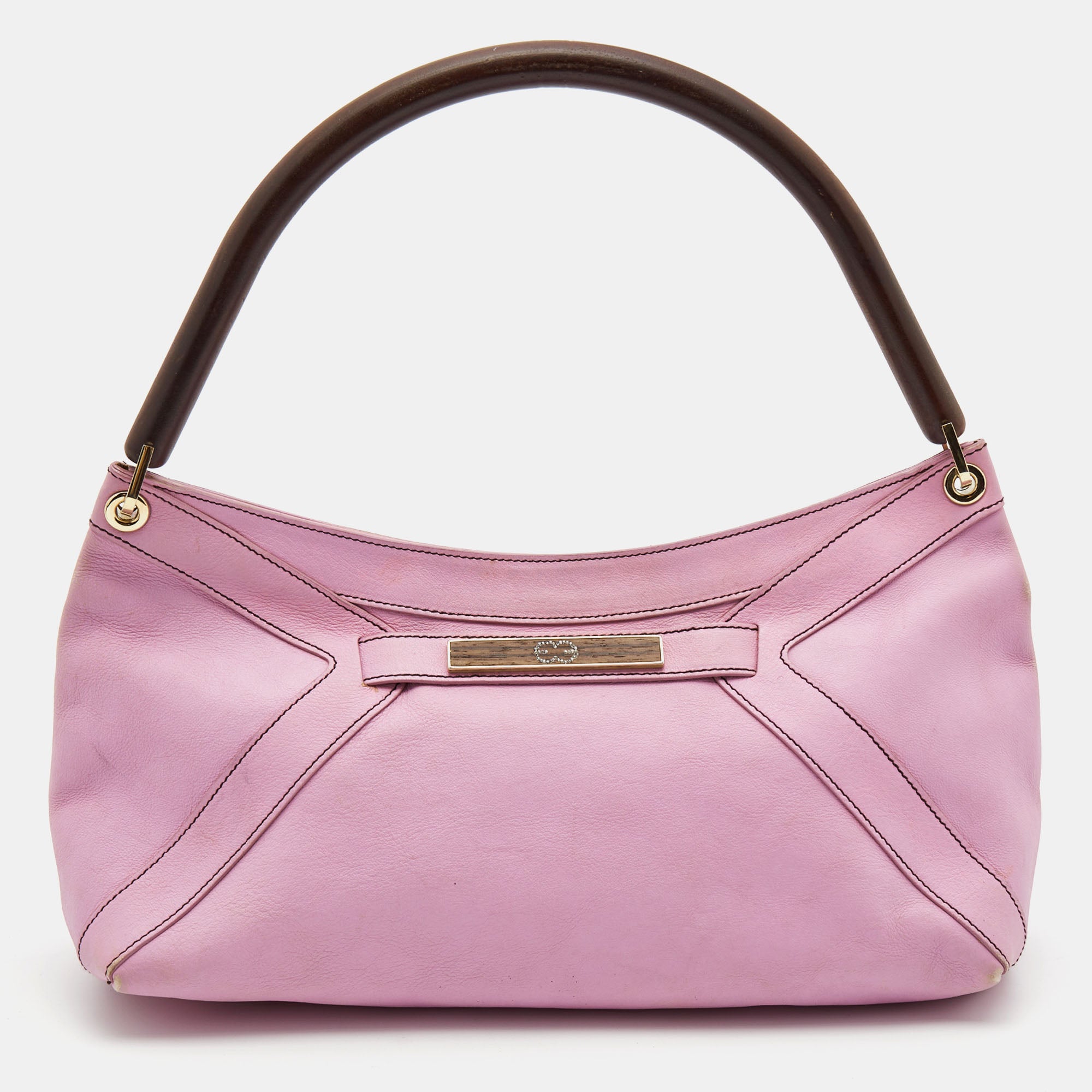 Pink/Brown Leather Wooden Handle Baguette Bag