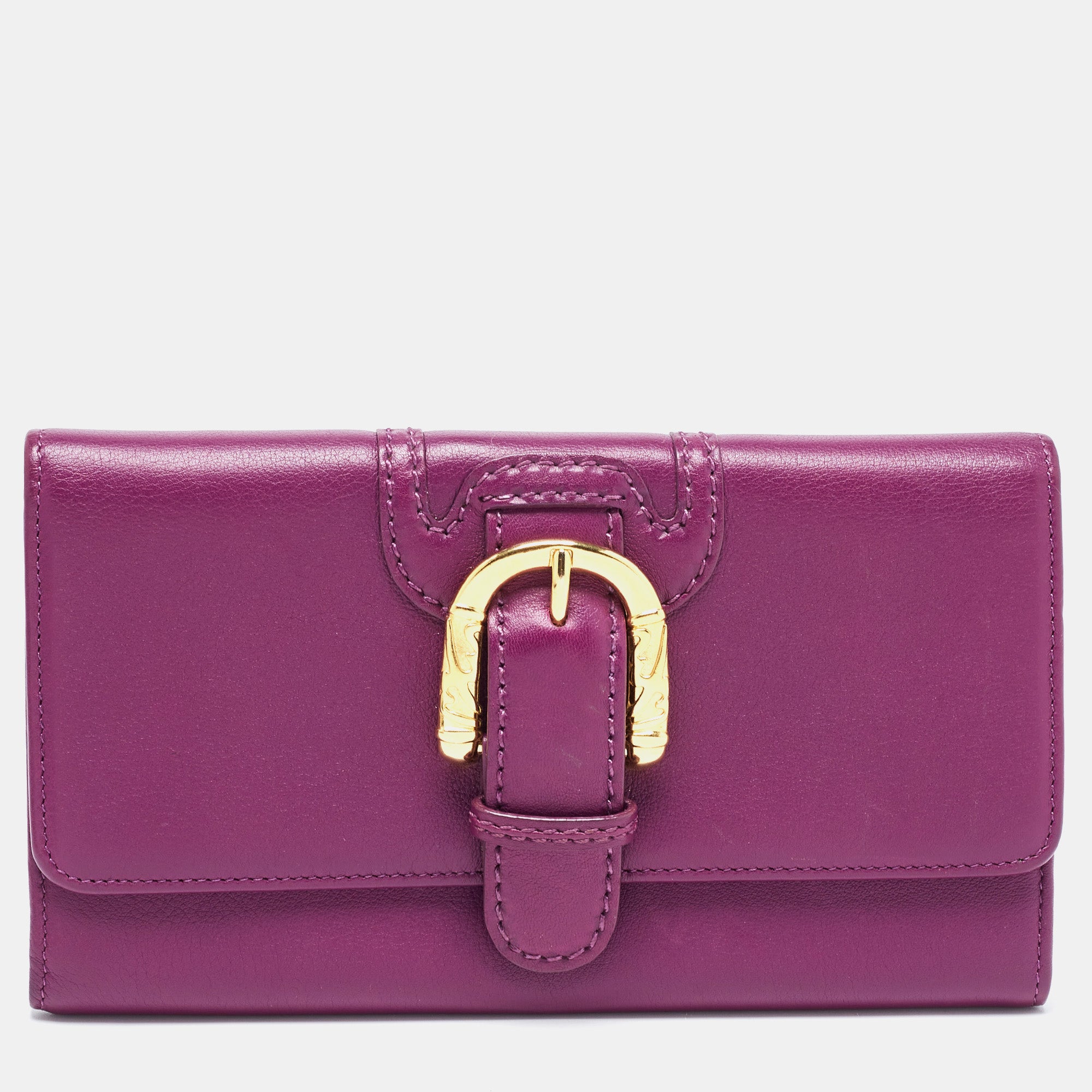 Purple Leather Buckle Flap Clutch