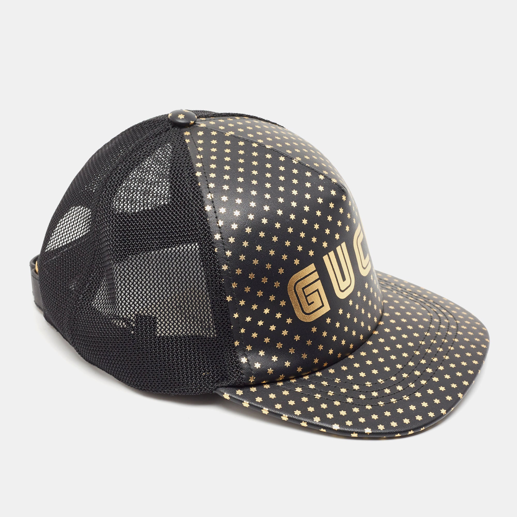 image of GUCCI Black Guccy Stars Print Leather & Mesh Baseball Cap M