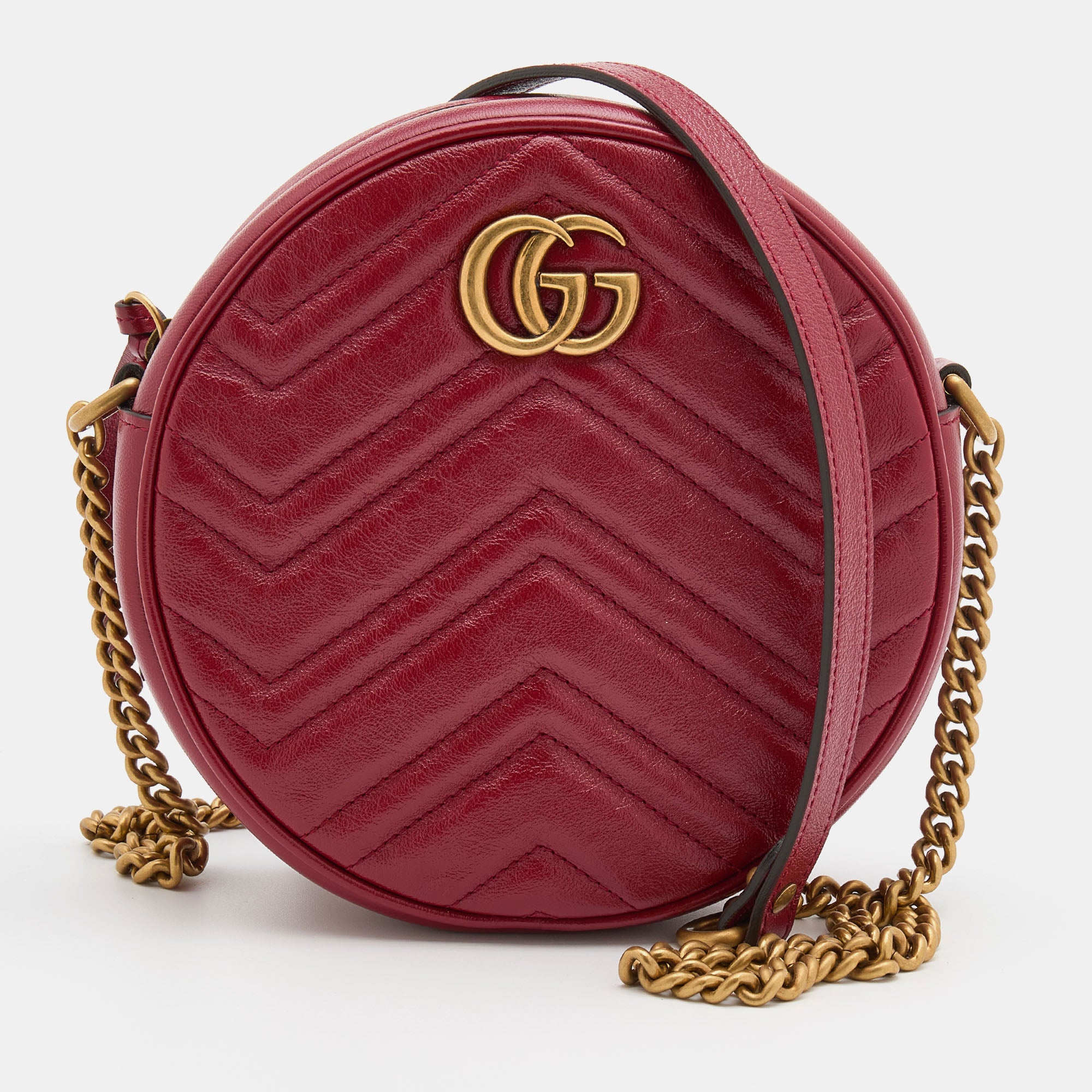 Gucci Red Matelasse Leather Mini GG Marmont Round Shoulder Bag