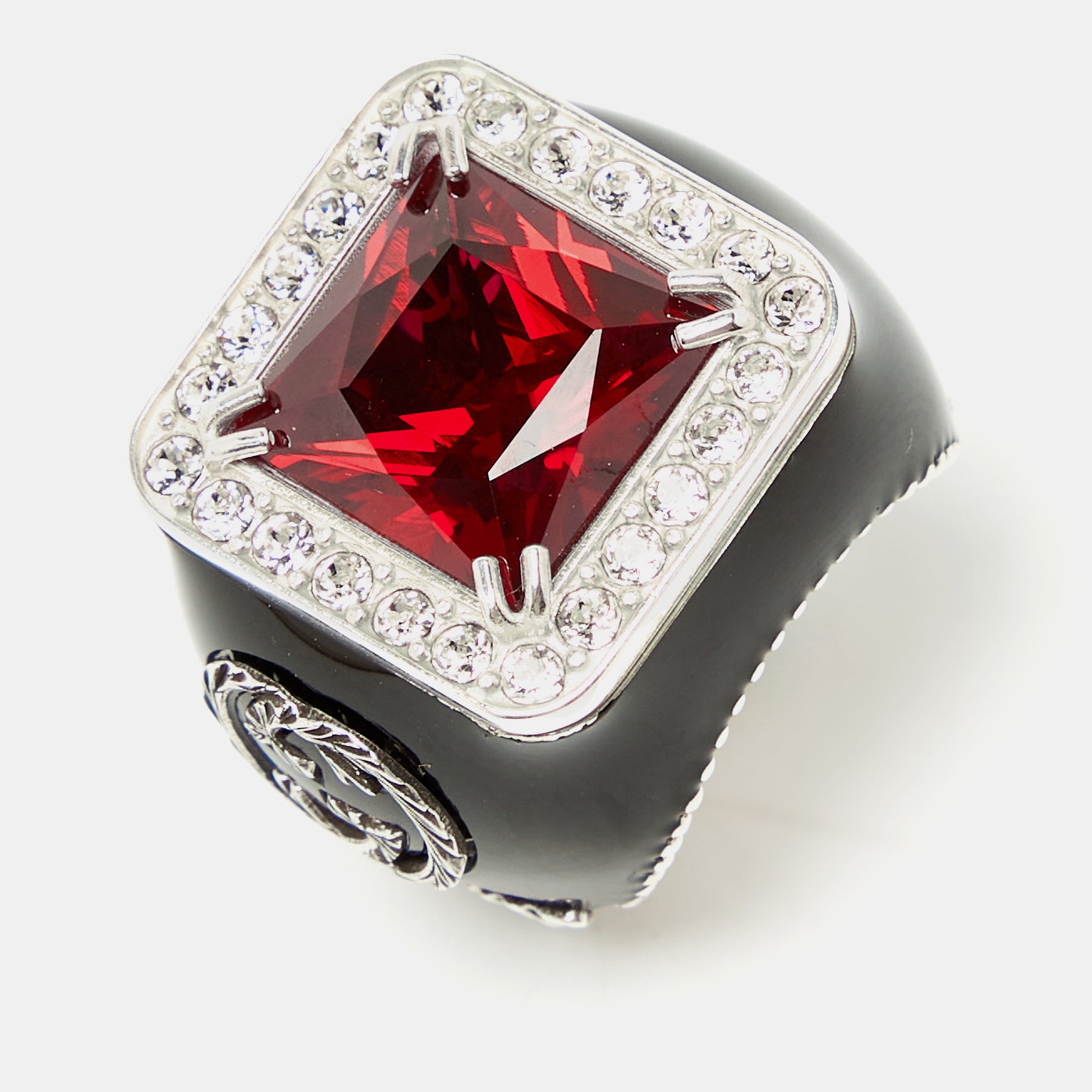 Gucci Sterling Silver Crystal Embellished Signet Ring