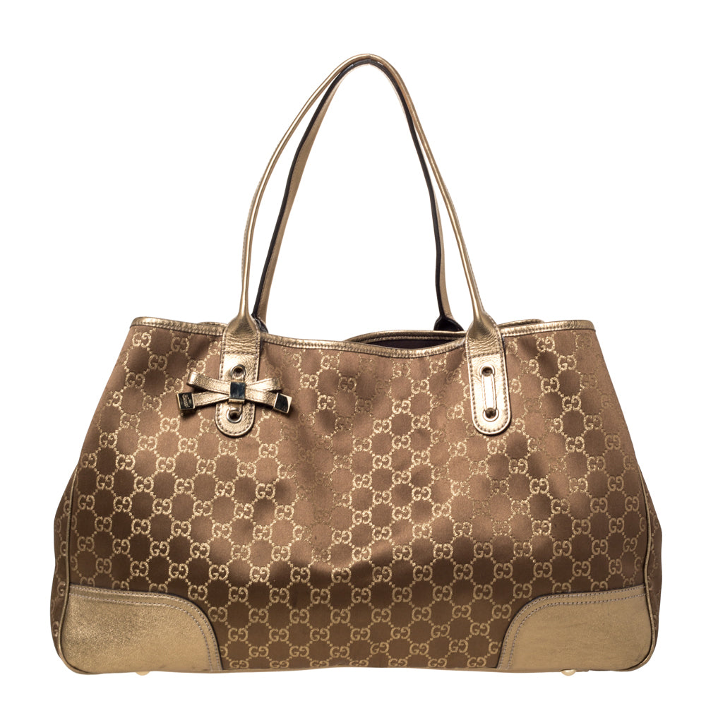 Gucci Brown/Gold GG Fabric and Leather Large Princy Tote