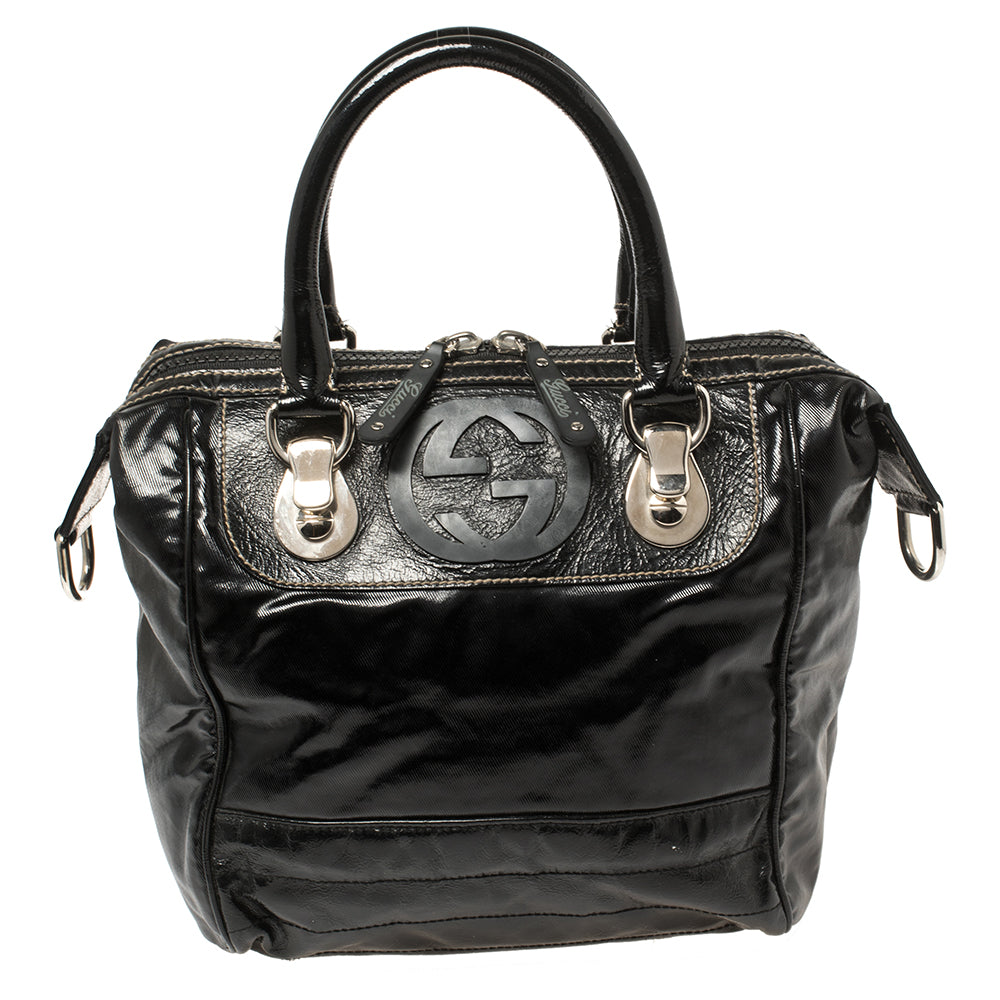 Image of Gucci Black Coated Canvas and Leather Dialux Snow Glam Boston Bag, Black