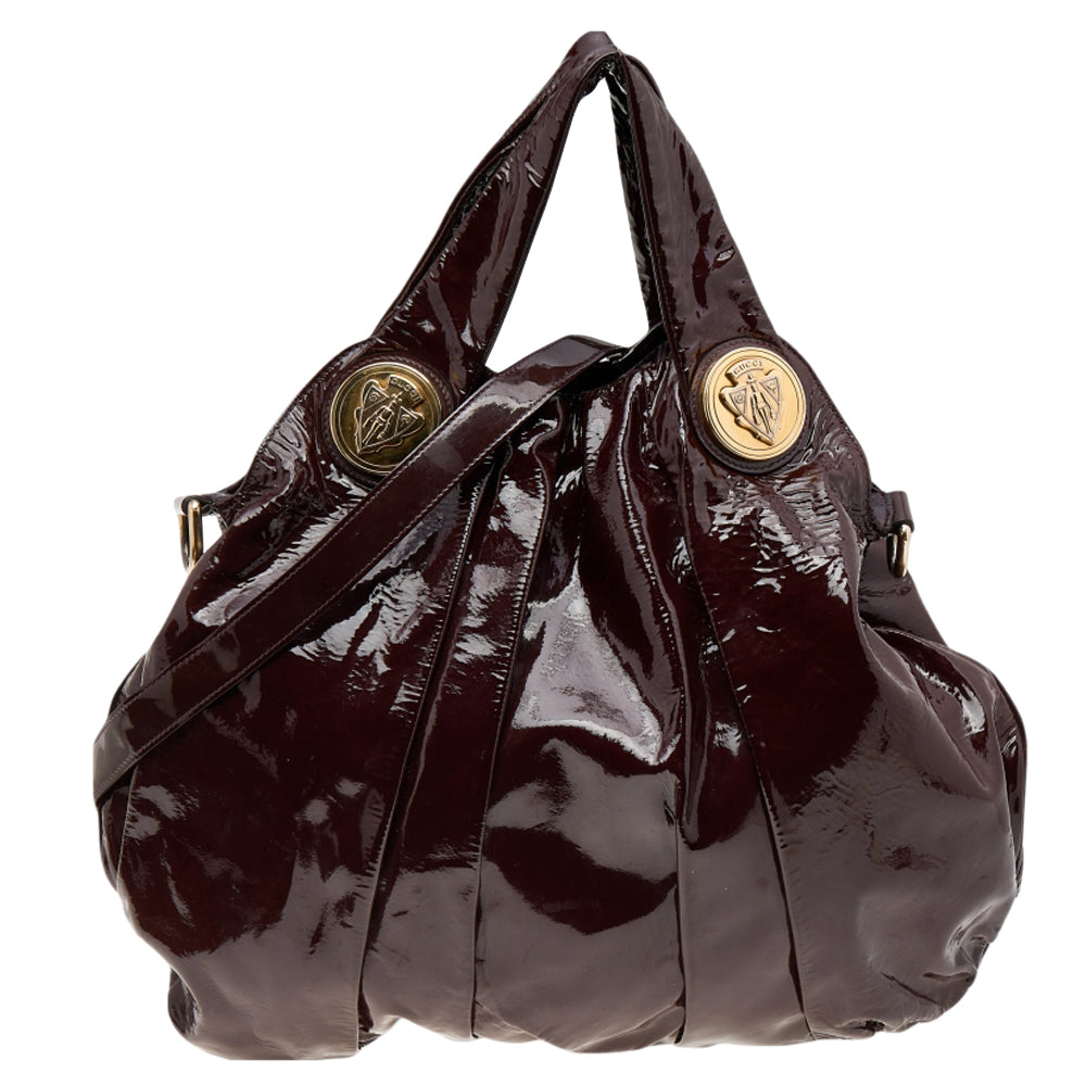 image of Gucci Burgundy Patent Leather Large Hysteria Tote, Burgundy