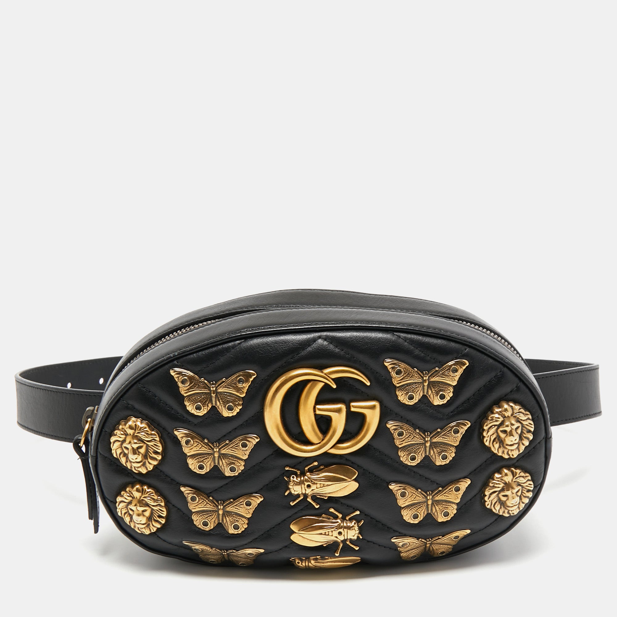 Gucci Black Matelasse Leather GG Marmont Animal Stud Belt Bag