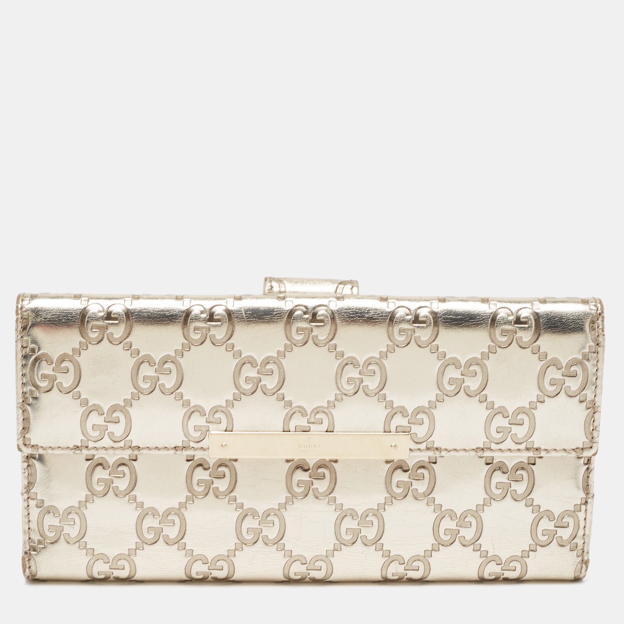 image of GUCCI Metallic Gold ssima Leather Flap Continental Wallet