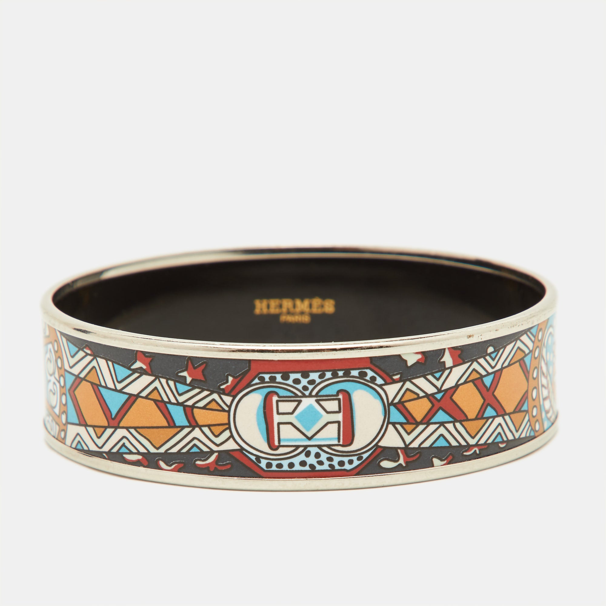 image of HERMES Multicolor Enamel & Palladium Plated Metal Rim Bangle