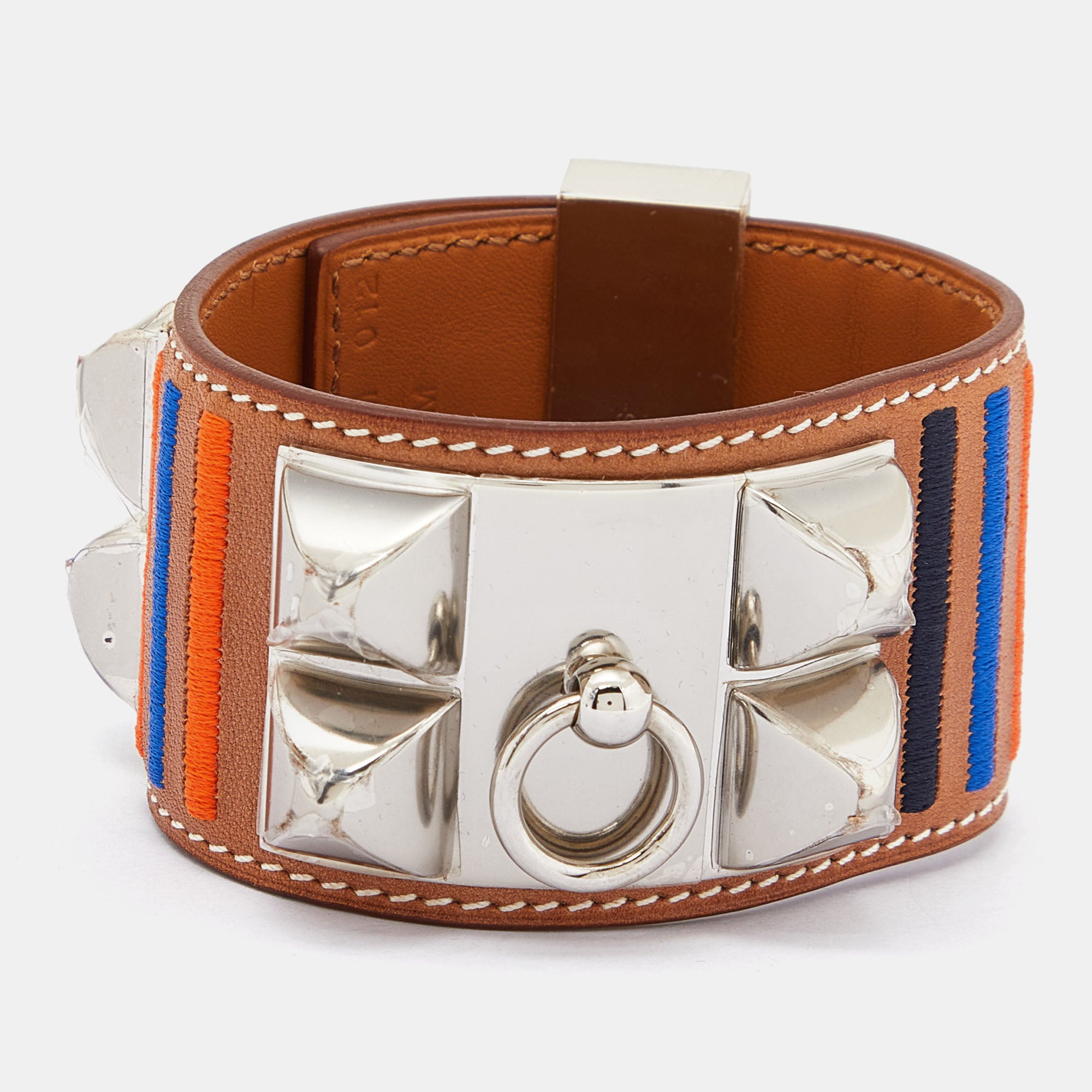 image of HERMES Brown Striped Leather Palladium Plated Collier De Chien Bracelet