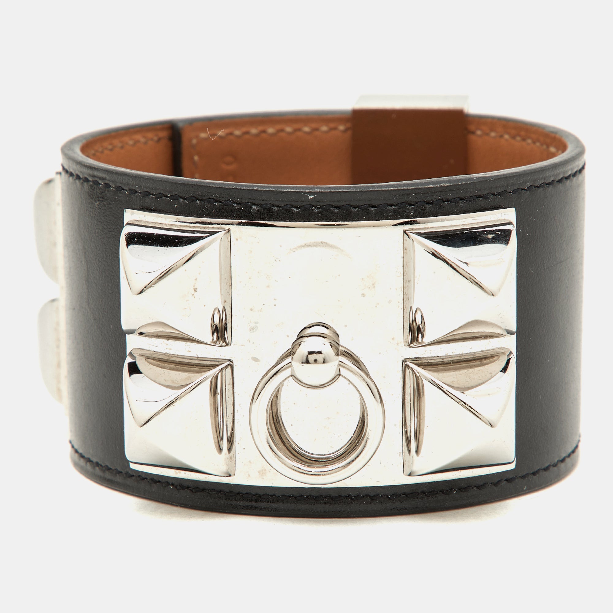 image of HERMES Collier De Chien Black Leather Palladium Plated Wide Cuff Bracelet S