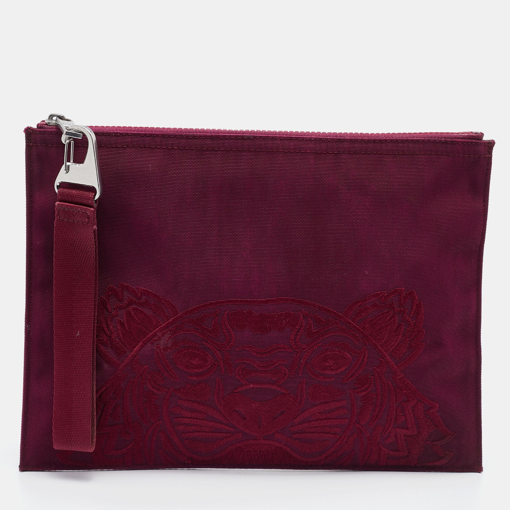 kenzo burgundy canvas tiger embroidery wristlet pouch