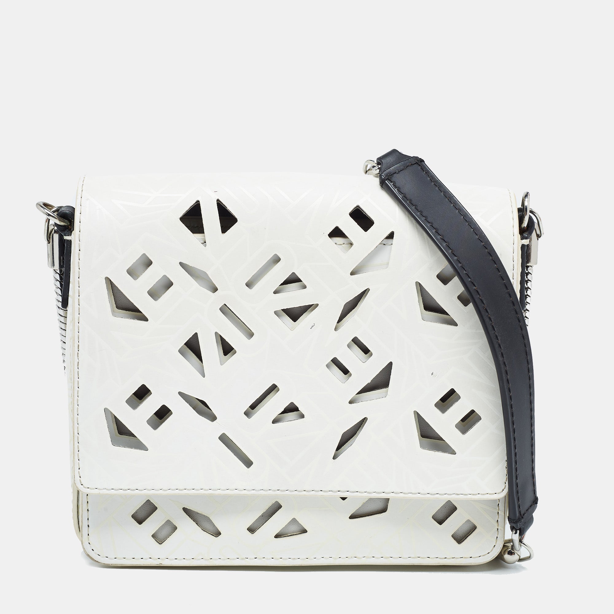 kenzo white/black laser cut leather flying crossbody bag