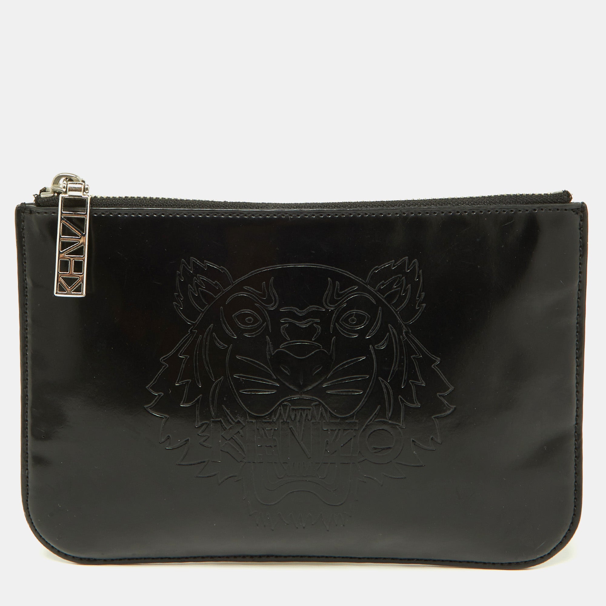 kenzo black patent leather logo top zip pouch