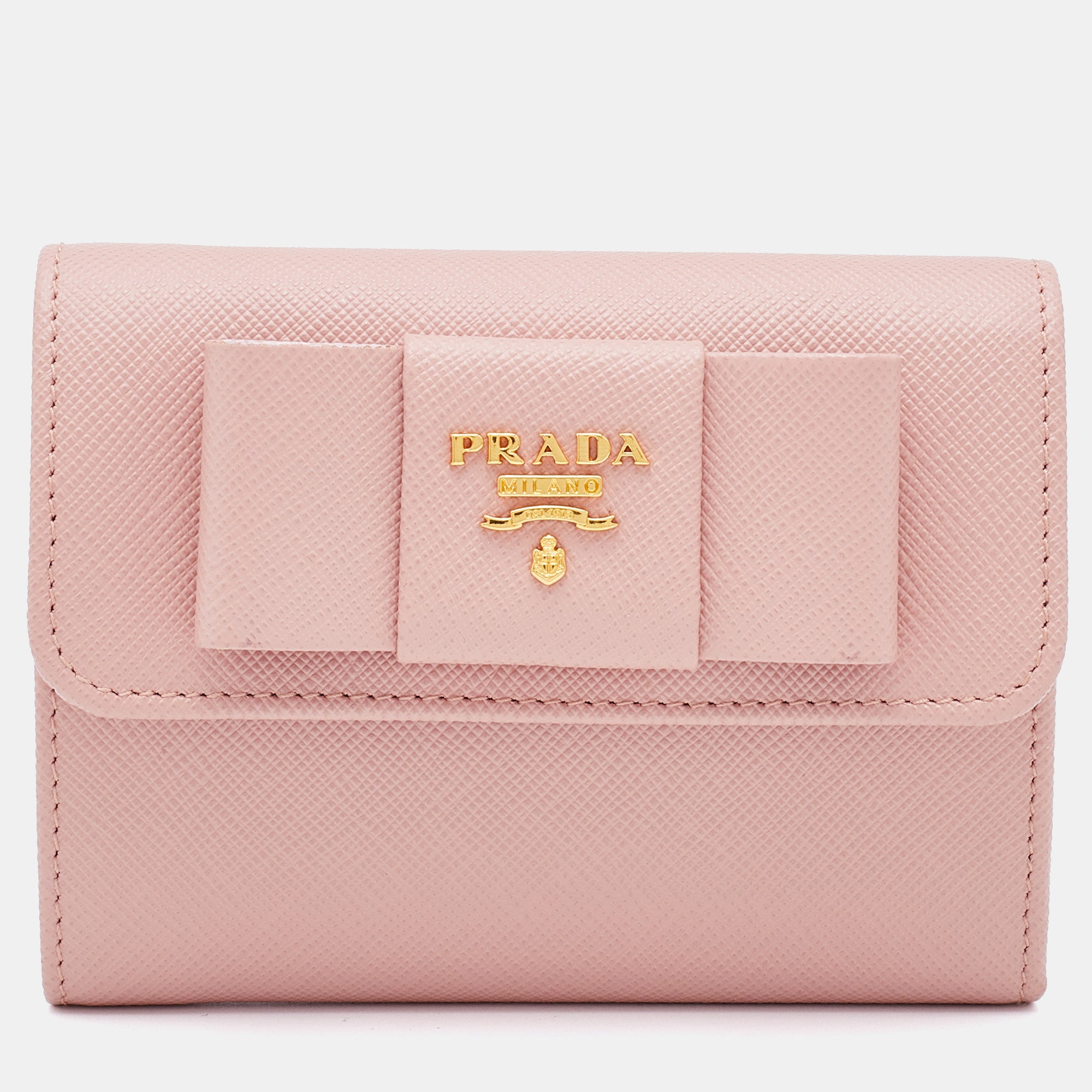 Prada Pink Saffiano Leather Bow Flap Compact Wallet