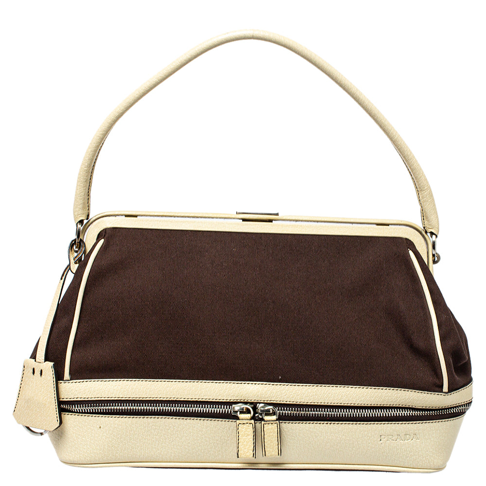 Prada Brown/Cream Canvas and Leather Cerniera Doctor Bag