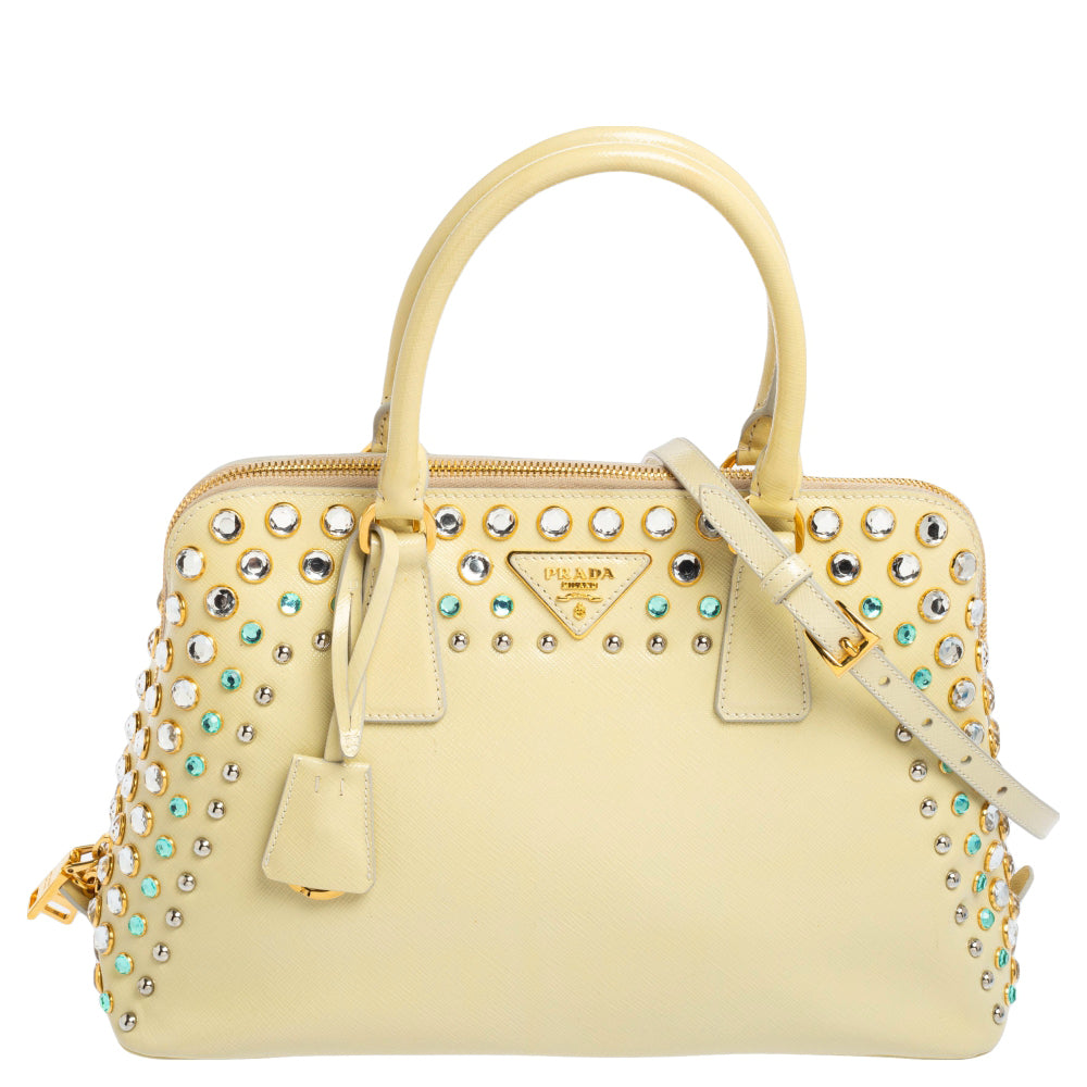 Prada Cream Saffiano Vernic Leather Crystal Embellished Pyramid Frame