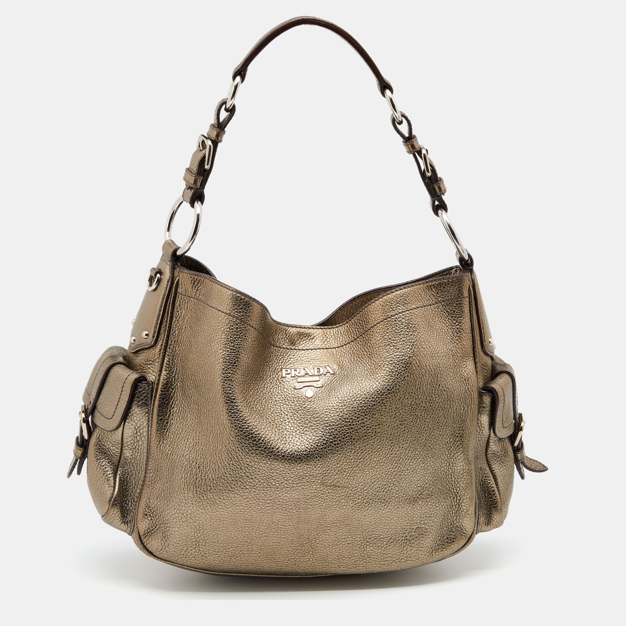 Prada Metallic Brown Leather Vitello Daino Side Pocket Hobo